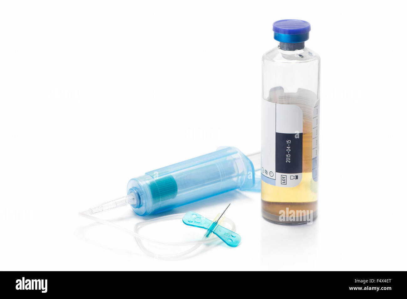 Aerobic blood culture bottle with blood collection catheter. Stock Photo