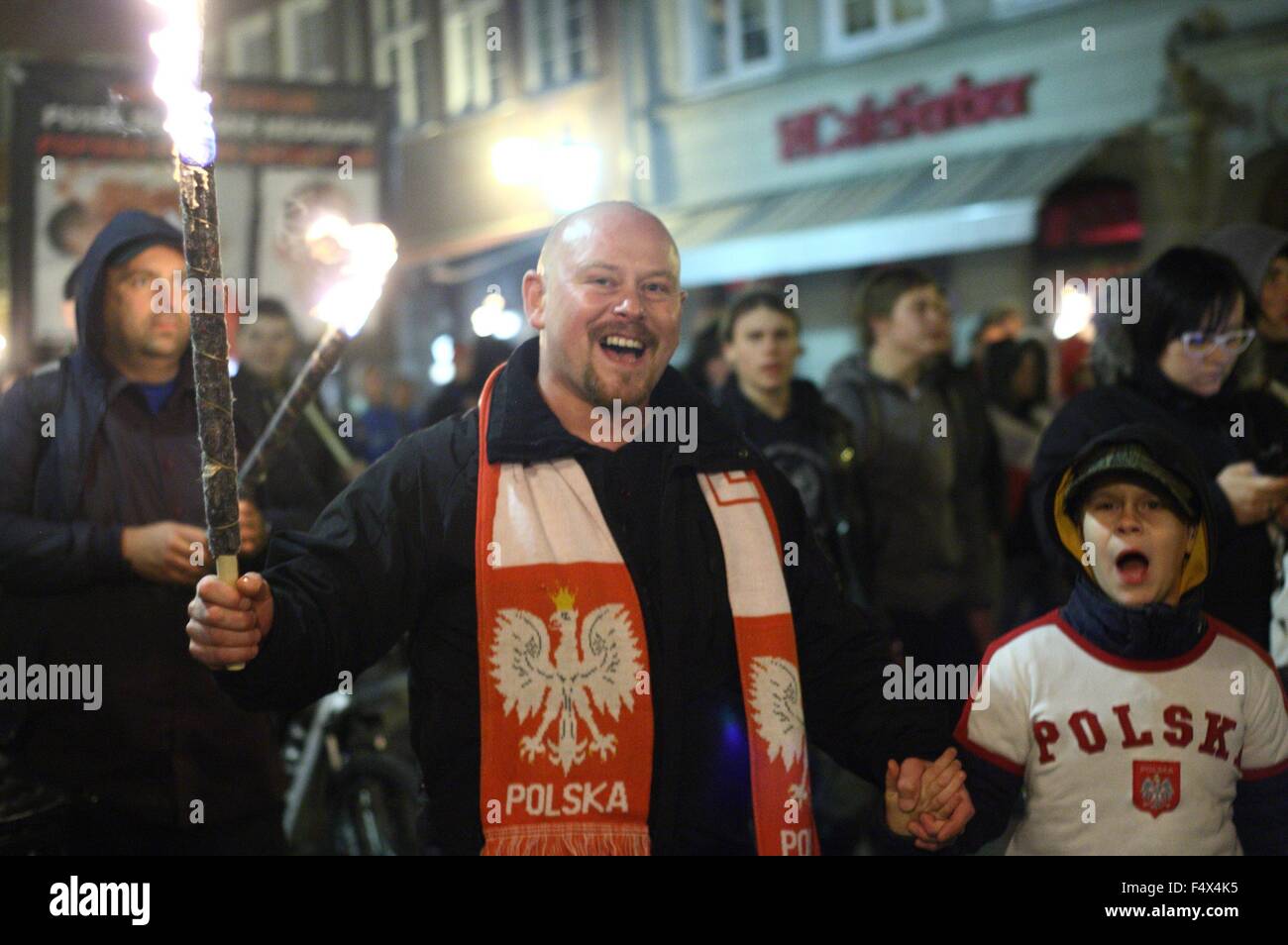 Gdansk, Poland 23rd, Oct. 2015 Anti-immigrants and anti-muslims march held in Gdansk. Far right activists from ONR and Mlodziez Wszechpolska organisations screamed racist slogans, and hold torches Credit:  Michal Fludra/Alamy Live News Stock Photo