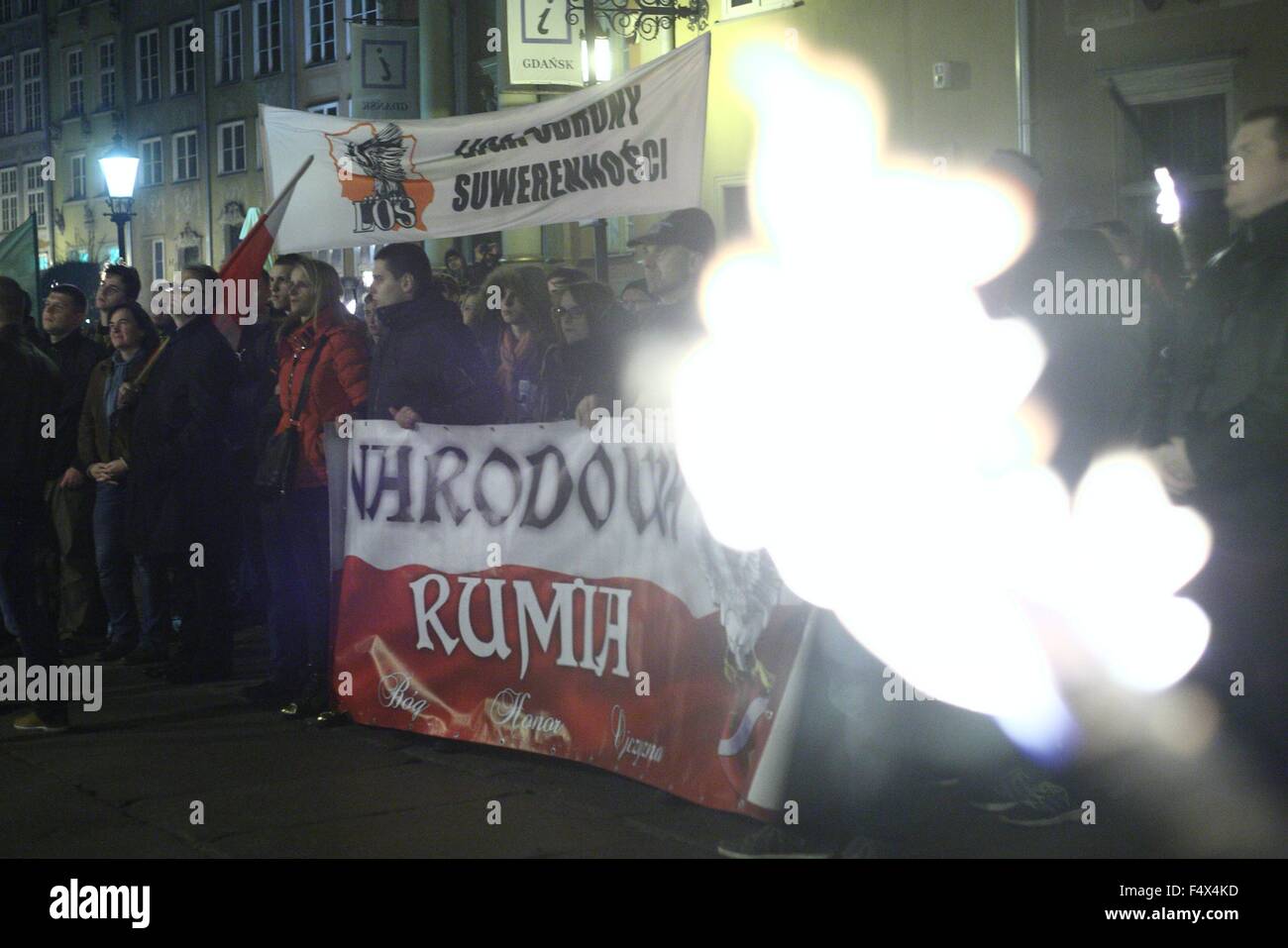Gdansk, Poland 23rd, Oct. 2015 Anti-immigrants and anti-muslims march held in Gdansk. Far right activists from ONR and Mlodziez Wszechpolska organisations screamed racist slogans, and hold torches Credit:  Michal Fludra/Alamy Live News Stock Photo