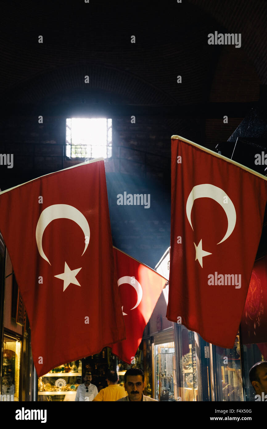 Turkish flags on displace in the Gran Bazar in Istanbul, Turkey. Stock Photo
