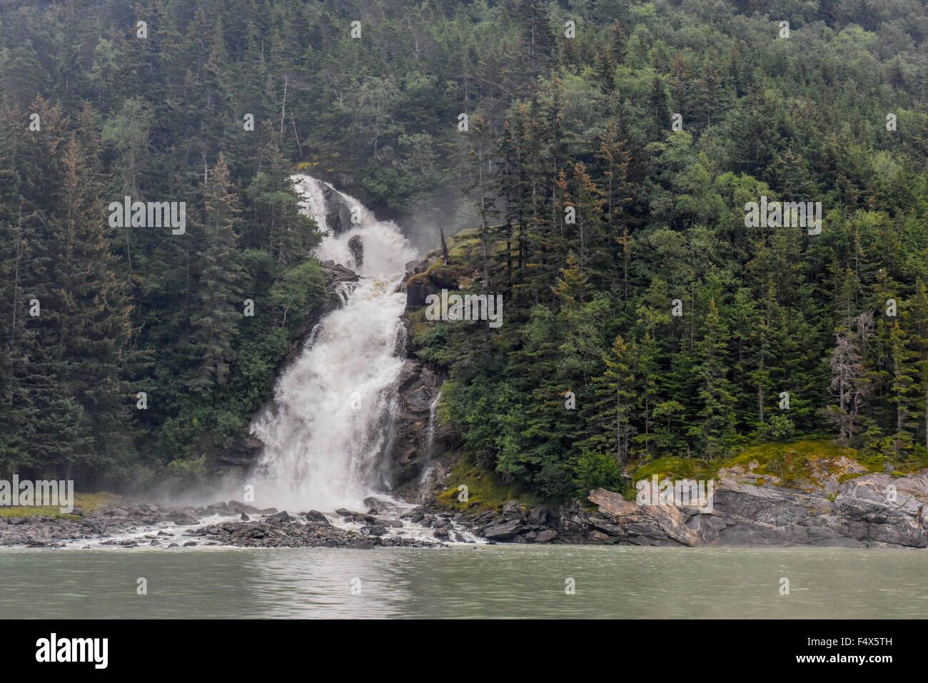 A scenic mountainside waterfall crashes through a forest of pine trees near Skagway Alaska | Lynn Canal fjord cruise - inside passage Stock Photo