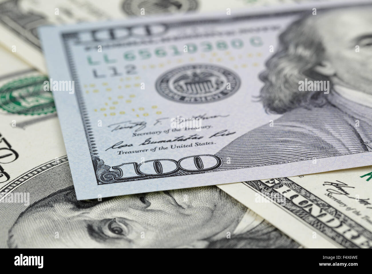 one hundred dollar bills macro photo Stock Photo