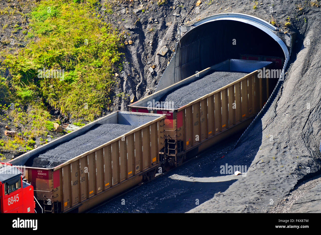 A horizontal image of rail cars loaded with coal being pulled through a