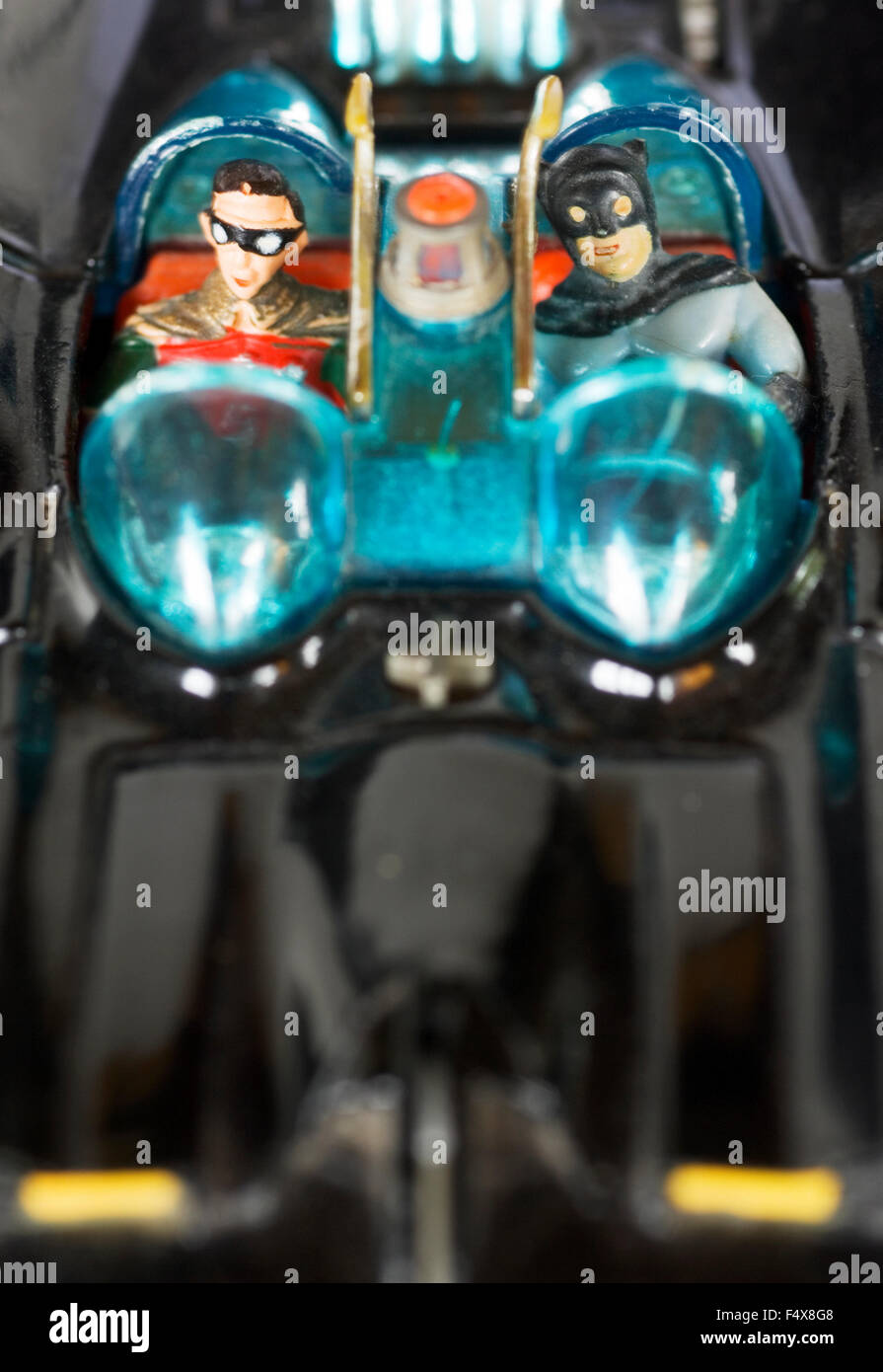 Batman and Robin, Batmobile, close up, dinky, Corgi model. Stock Photo
