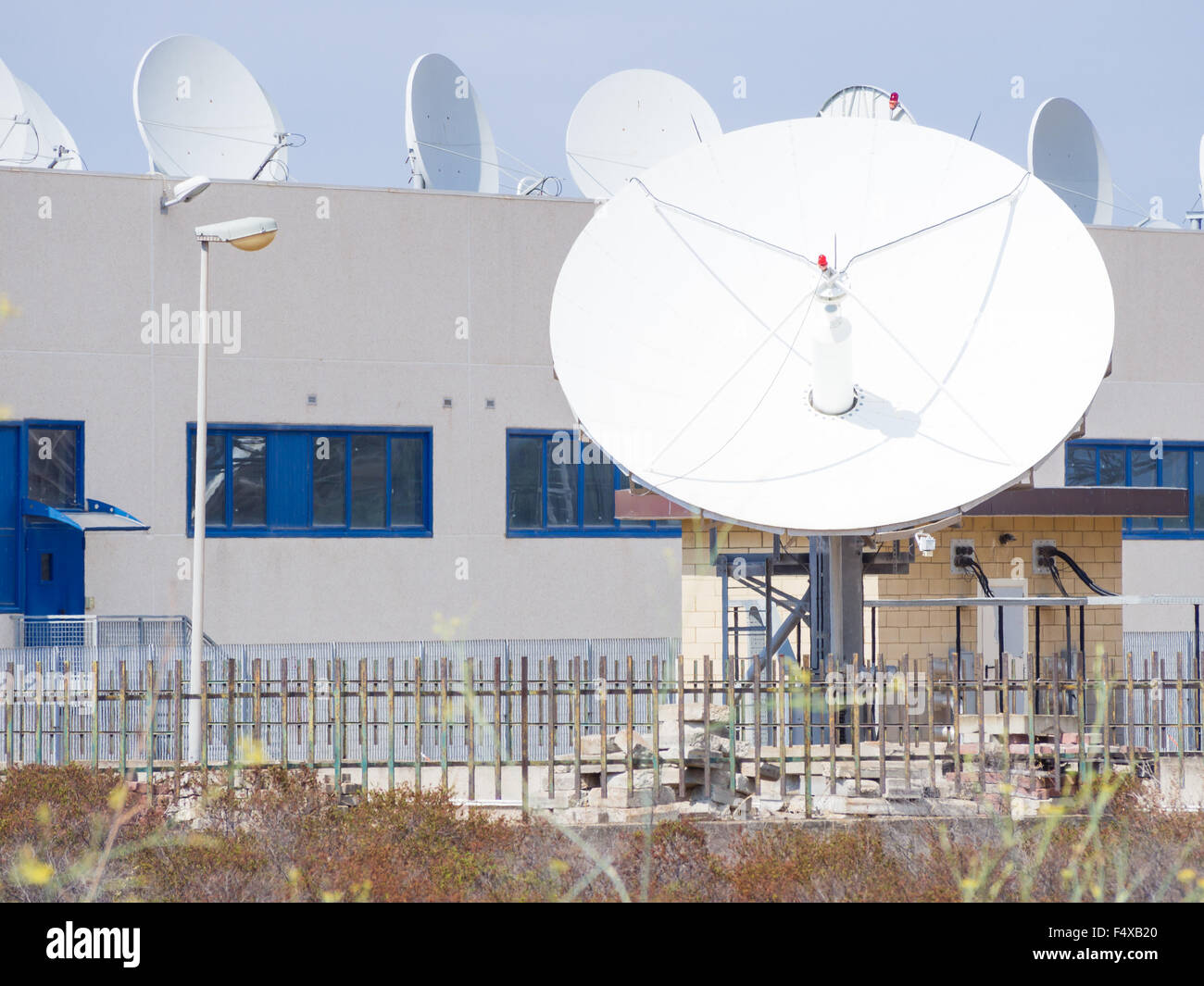 teleport satellite communications. Group of antennas in teleport of Cagliari Sardinia, Italy Stock Photo