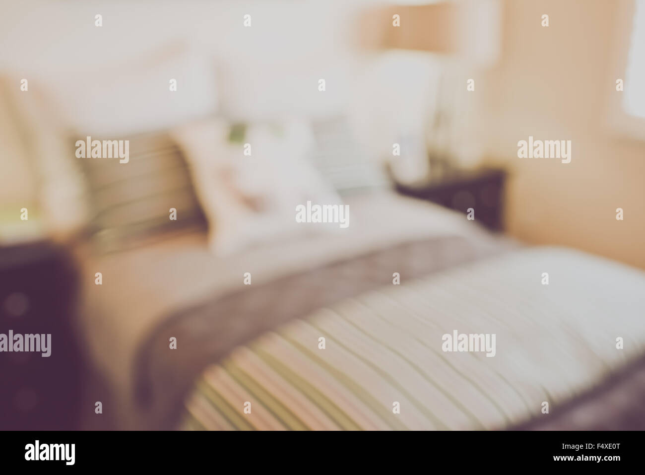 Blurred Girl S Bedroom With Bed And Nightstand With Retro