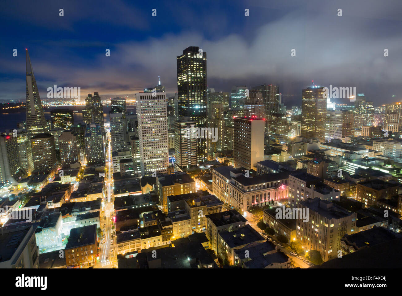 Aerial views of San Francisco Financial District from Nob Hill at dusk