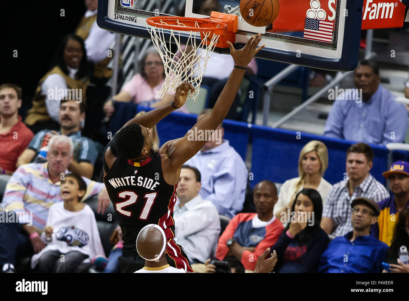 New Orleans, LA, USA. 23rd Oct, 2015. Miami Heat center Hassan Whiteside (21) shooting a lay up during the game between the Miami Heat and New Orleans Pelicans at the Smoothie King Center in New Orleans, LA. Stephen Lew/CSM/Alamy Live News Stock Photo