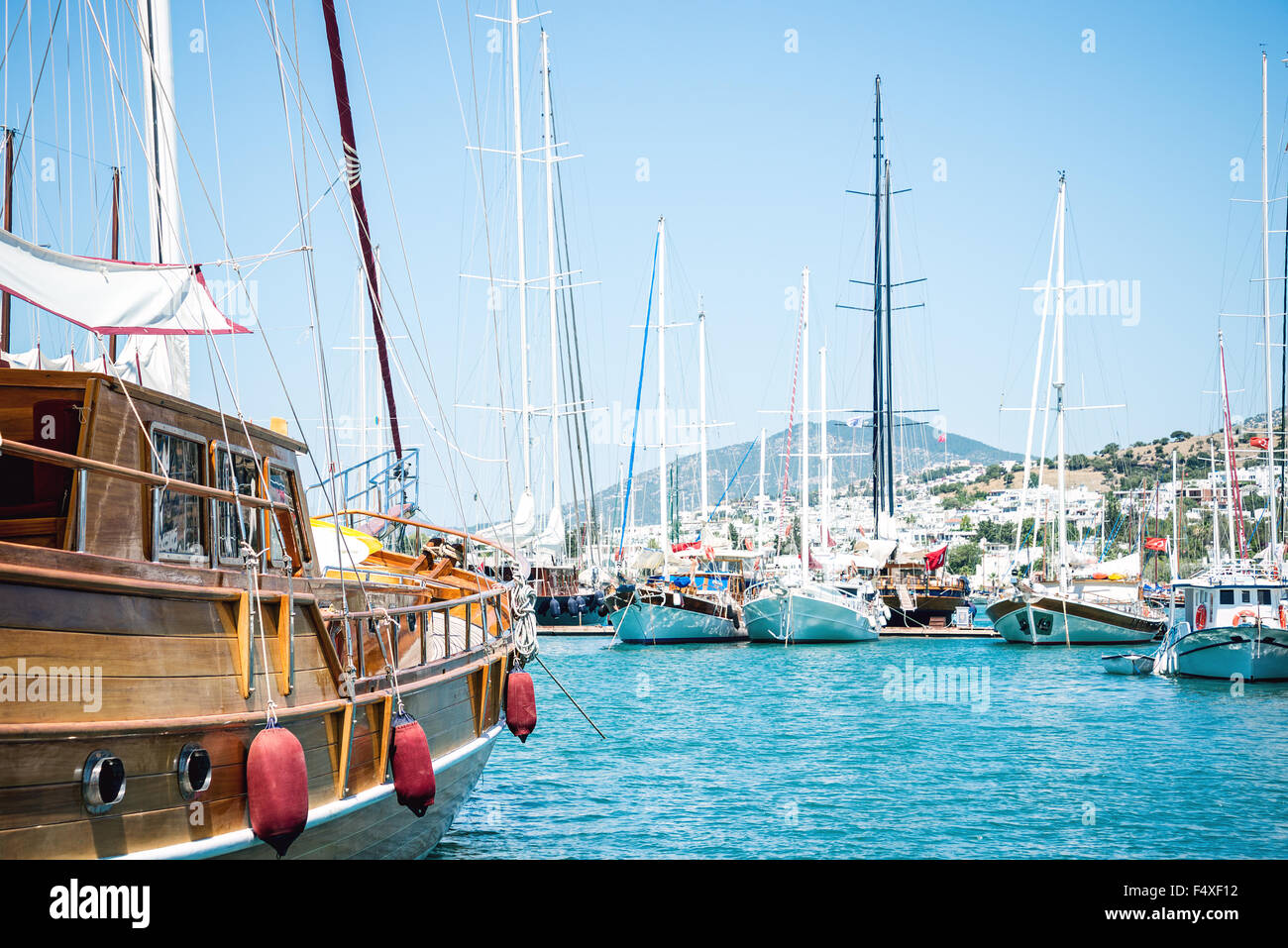 Marina with docked yachts at sunny day in Turkey Stock Photo