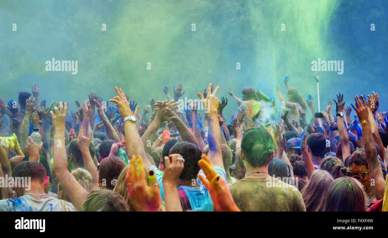 Celebrants dancing during the color Holi Festival Stock Photo