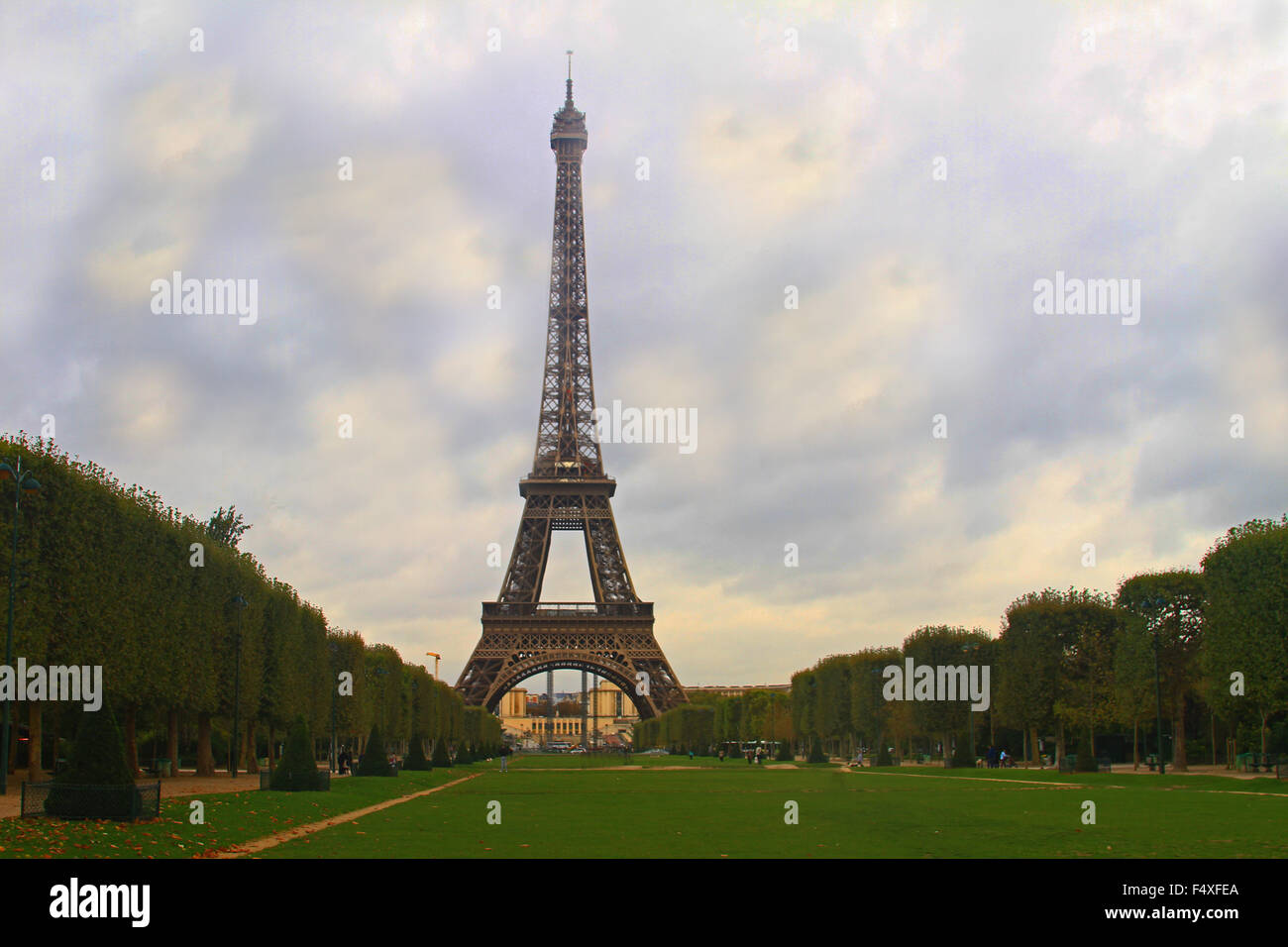 La tour Eiffel viewed from Champ de Mars in Paris, France Stock Photo