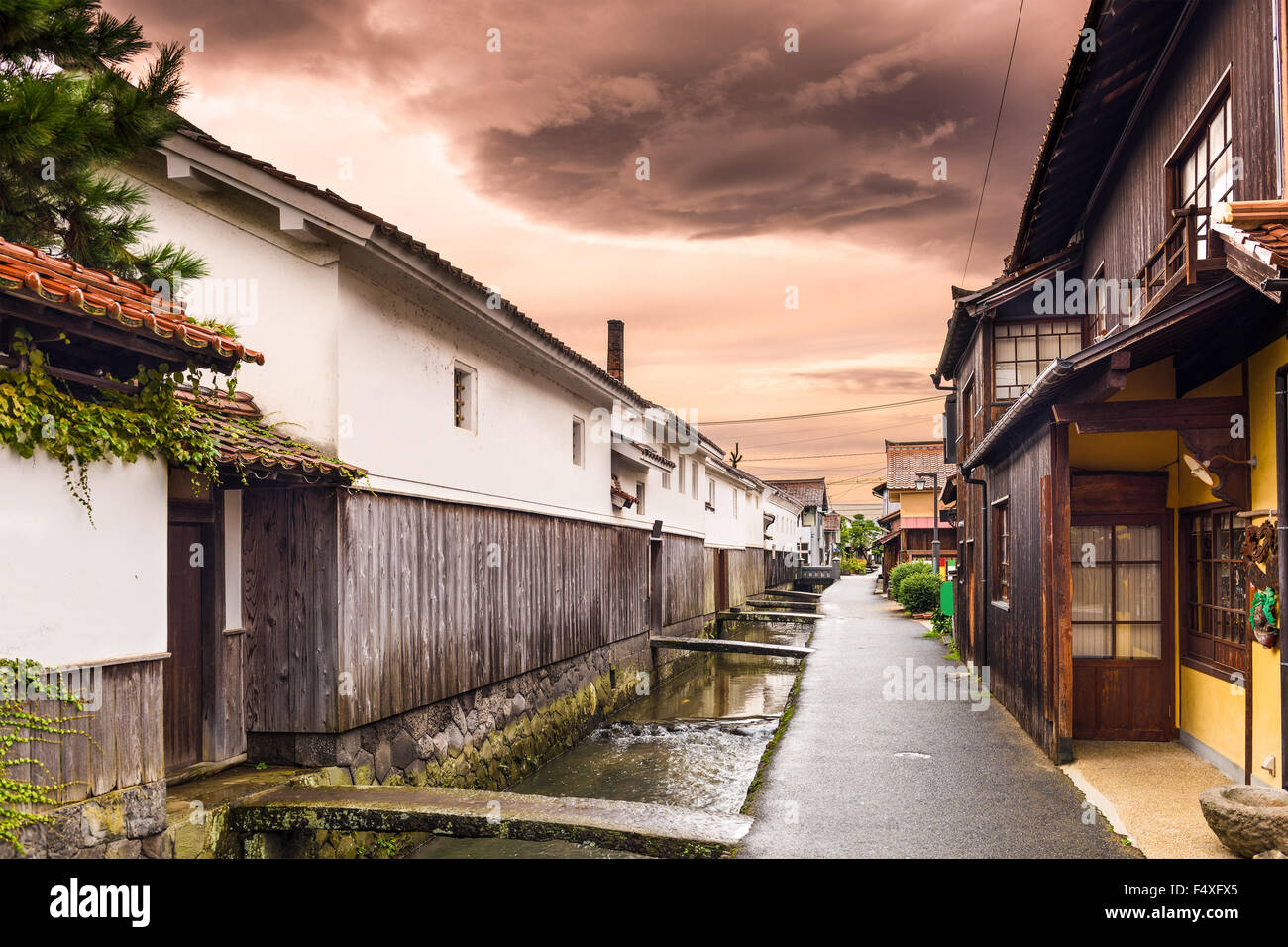 Kurayoshi, Tottori, Japan warehouses and canals. Stock Photo