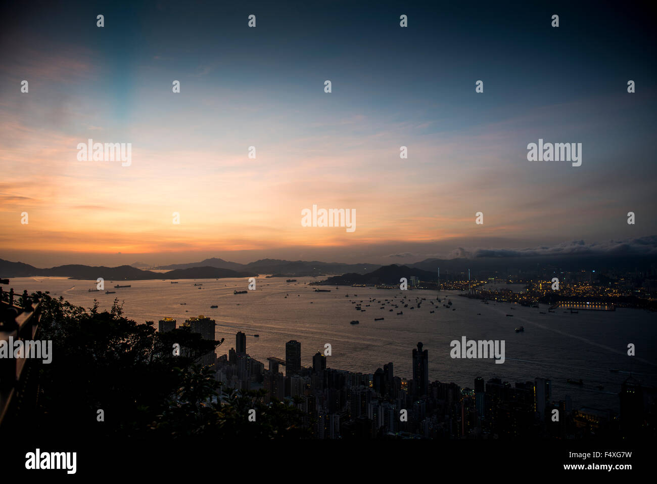 View of Hong Kong looking out from Victoria Peak during a colourful ...