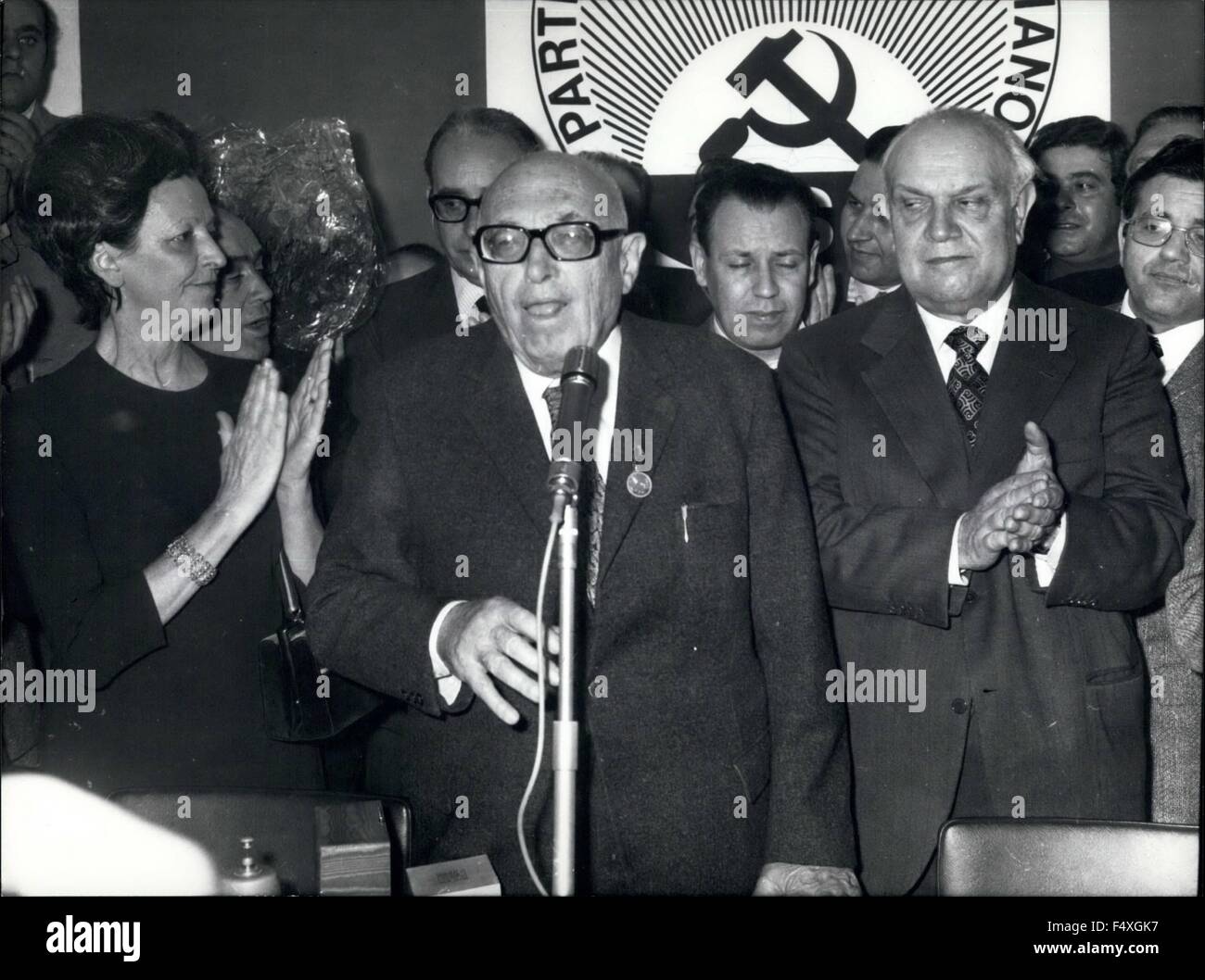 1968 - Pietro Nenni, the old leader of the Italian Socialism, has eighty years and the Direction of the PSI (Italian Socialist Party) celebrated him. Photo shows Pietro Nenni, center) feasted by Vice Prime Minister Francesco De Hartino (right) and by Luciana Nenni, daughter of the leader. © Keystone Pictures USA/ZUMAPRESS.com/Alamy Live News Stock Photo