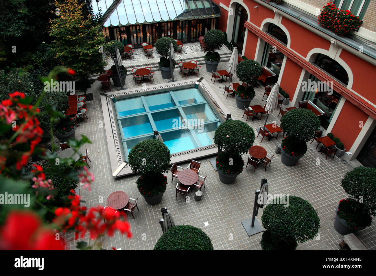 Outdoor terrace of the Royal Monceau Raffles Hotel Paris Stock Photo
