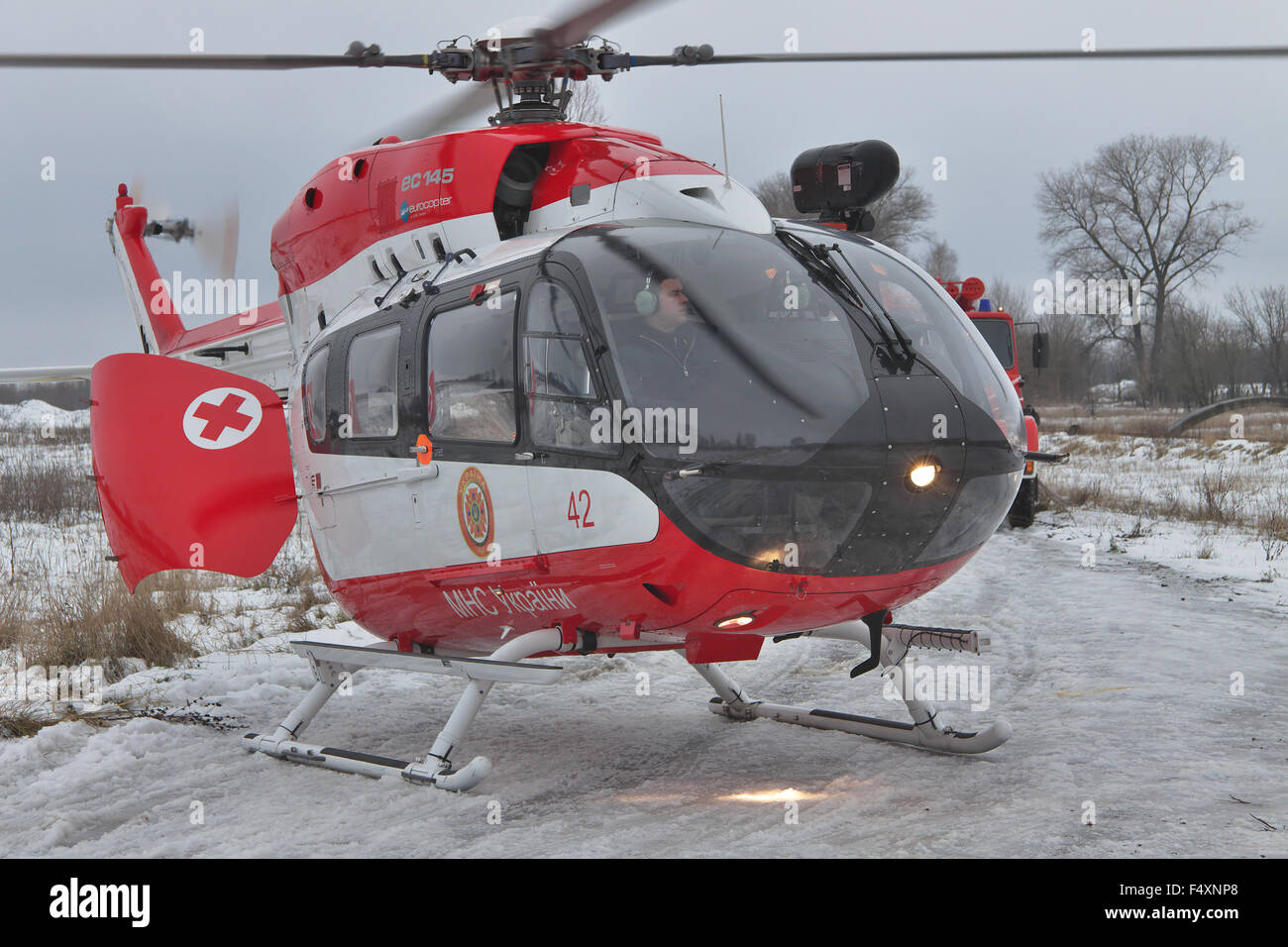 Nezhin, Ukraine - January 14, 2011: Ukrainian Ministry of Emergency Situations Eurocopter EC145 (BK-117) rescue helicopter Stock Photo