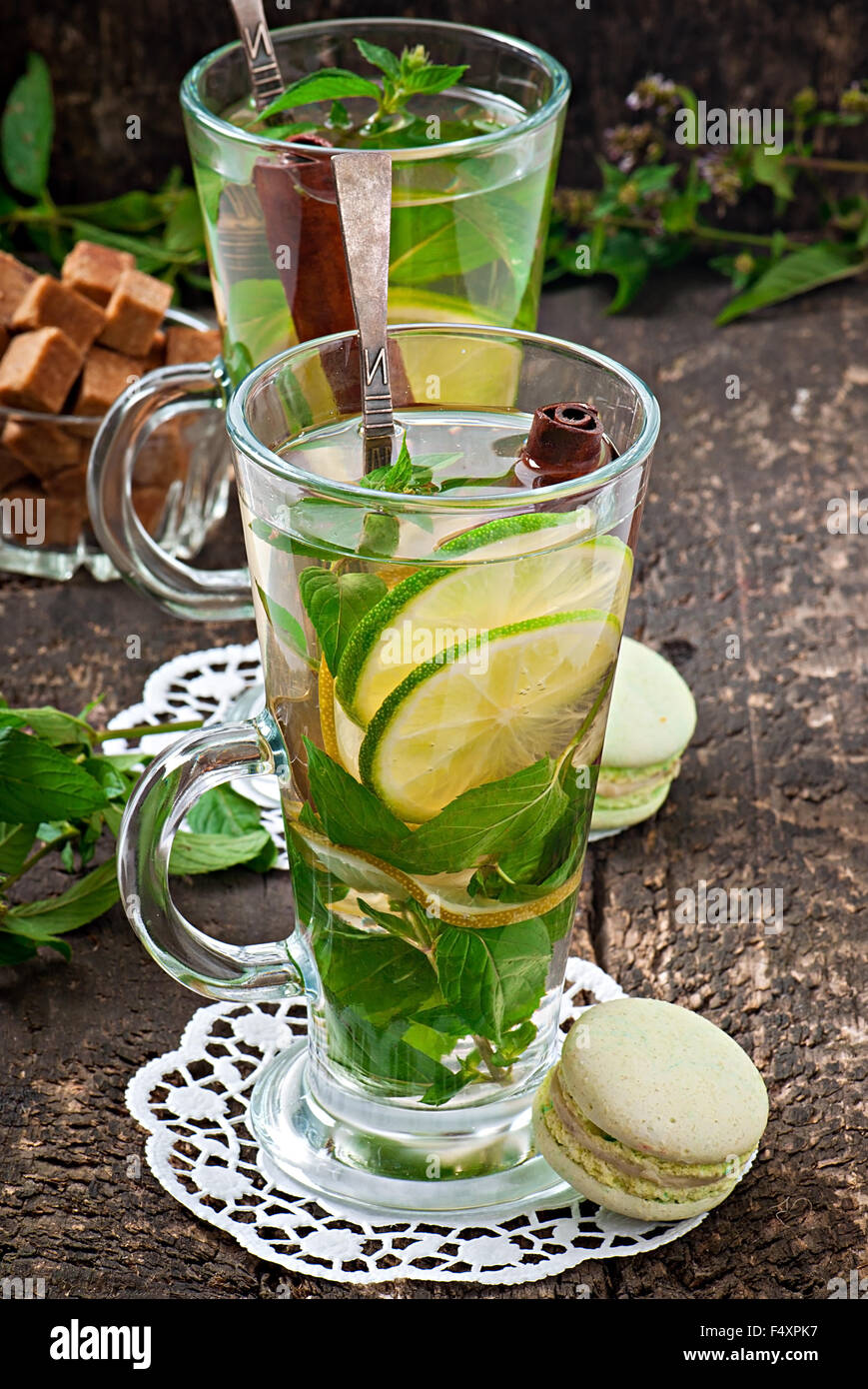 Moroccan tea with mint, lime and cinnamon Stock Photo