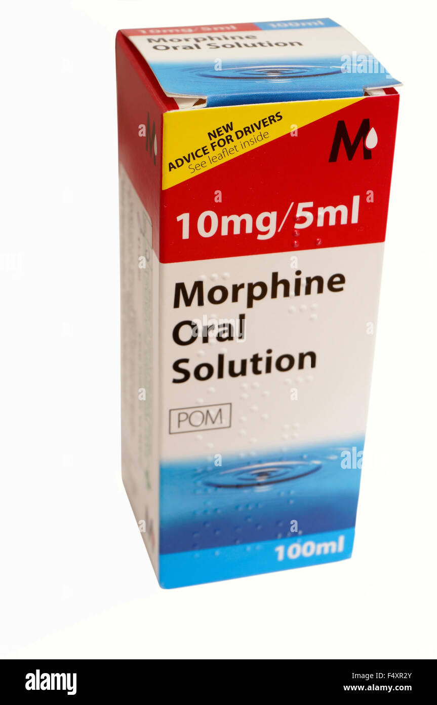 A bottle of Morphine oral solution (morphine is an alkaloid with pain relieving properties) used for relief of severe pain Stock Photo