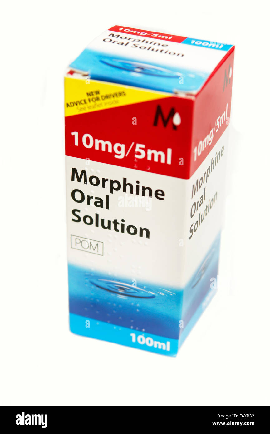 A bottle of Morphine oral solution (morphine is an alkaloid with pain relieving properties) used for relief of severe pain Stock Photo