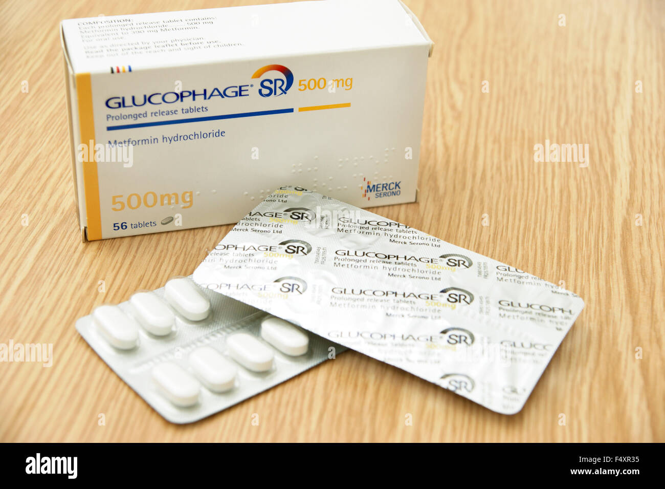 Glucophage Metformin hydrochloride prolonged released tablets - treating diabetes by regulating the level of sugar in the blood Stock Photo