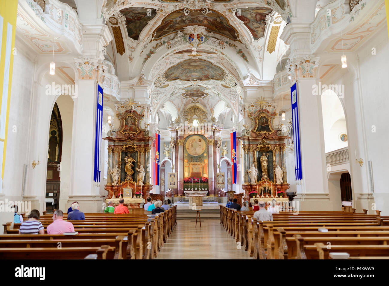 Interior with the altar and choir area, Benedictine Beuron Archabbey in the Danube Valley, Beuron, Baden-Württemberg, Germany Stock Photo
