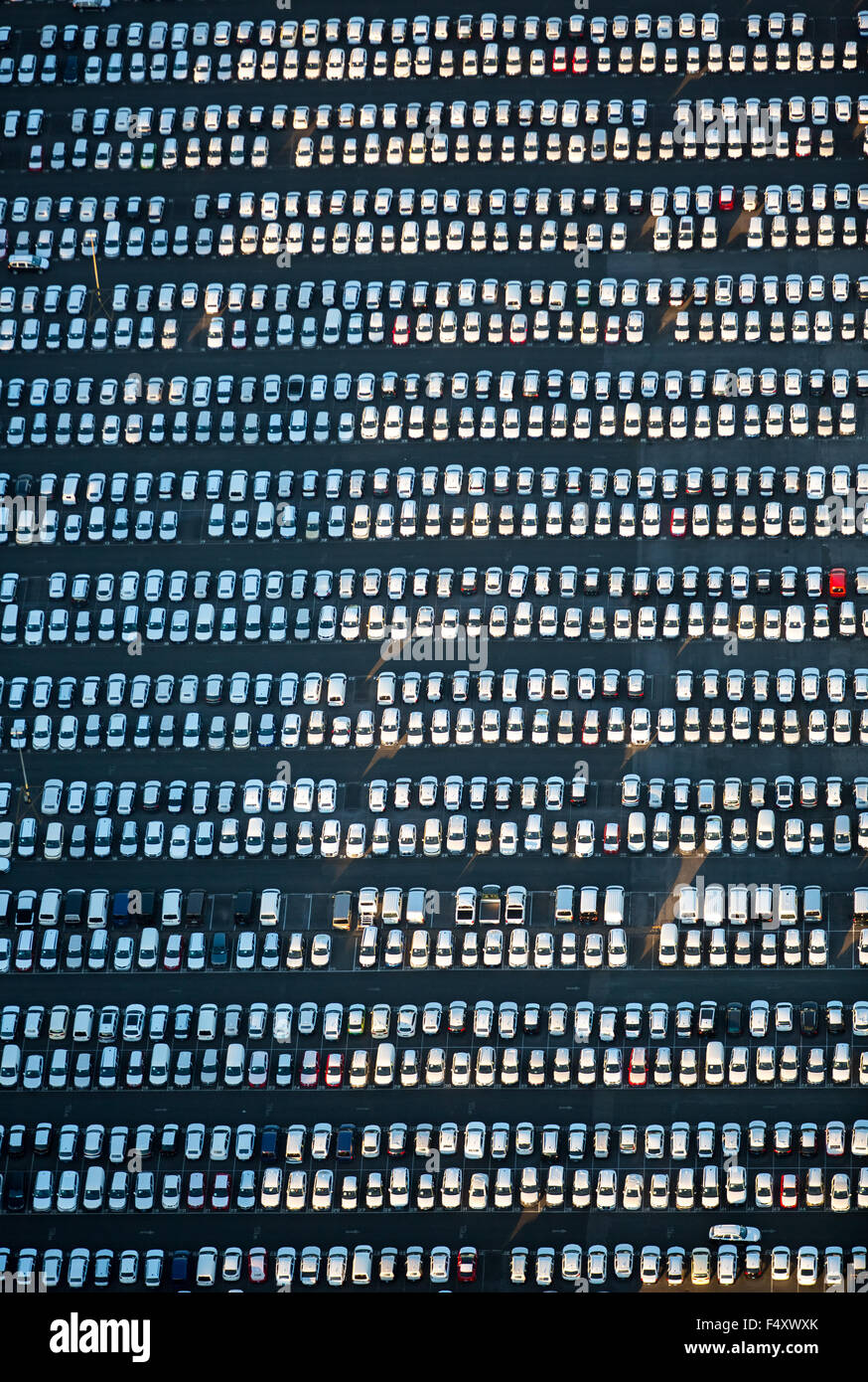 Large parking lot for new cars, Helf Automobil-Logistik GmbH, car stockpile, Essen, Ruhr district, North Rhine-Westphalia Stock Photo