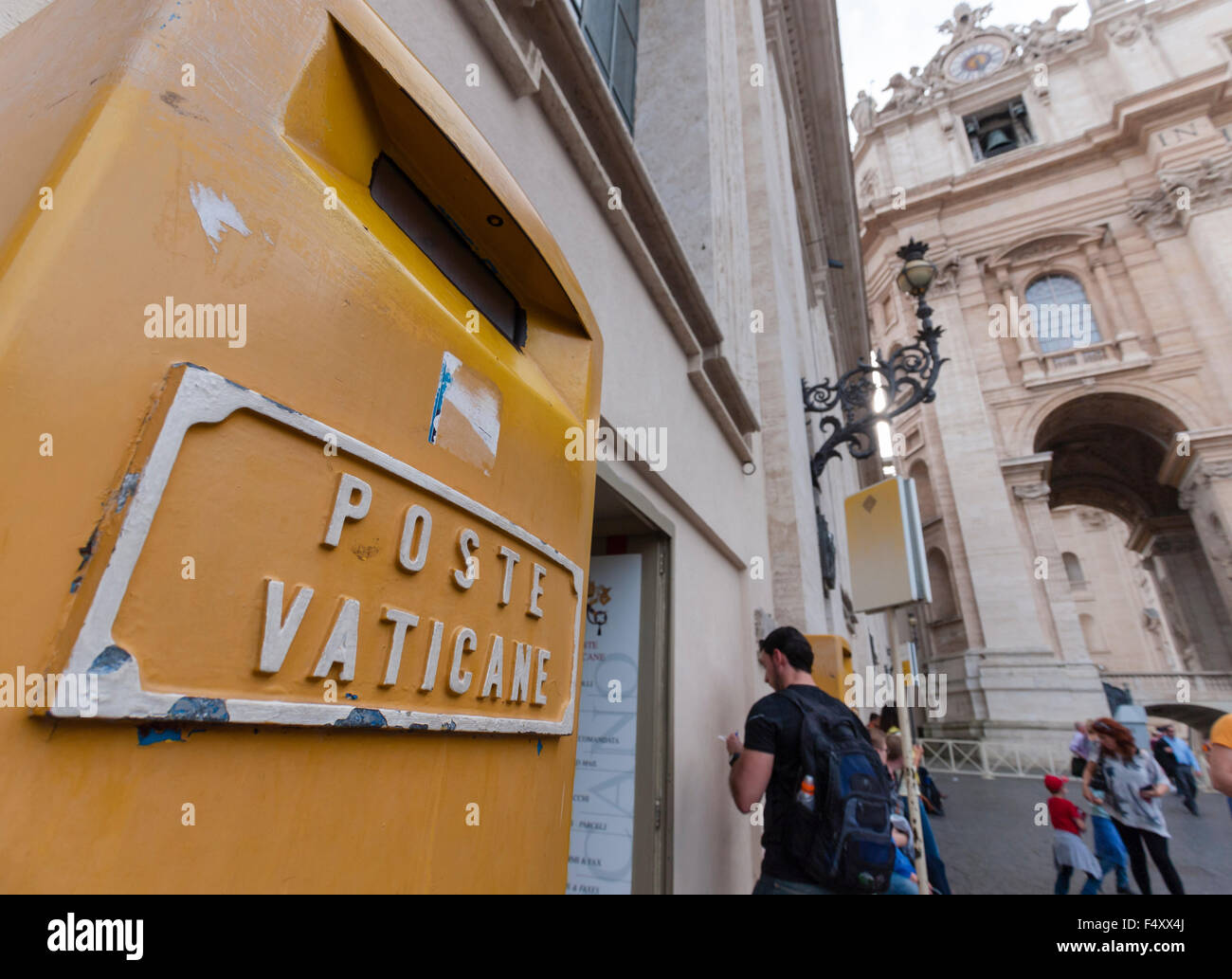 Mailbox of Poste Vaticane, the postal service of sovereign Vatican City, in front of the St Peter's Basilica at Vatican, Rome. Stock Photo