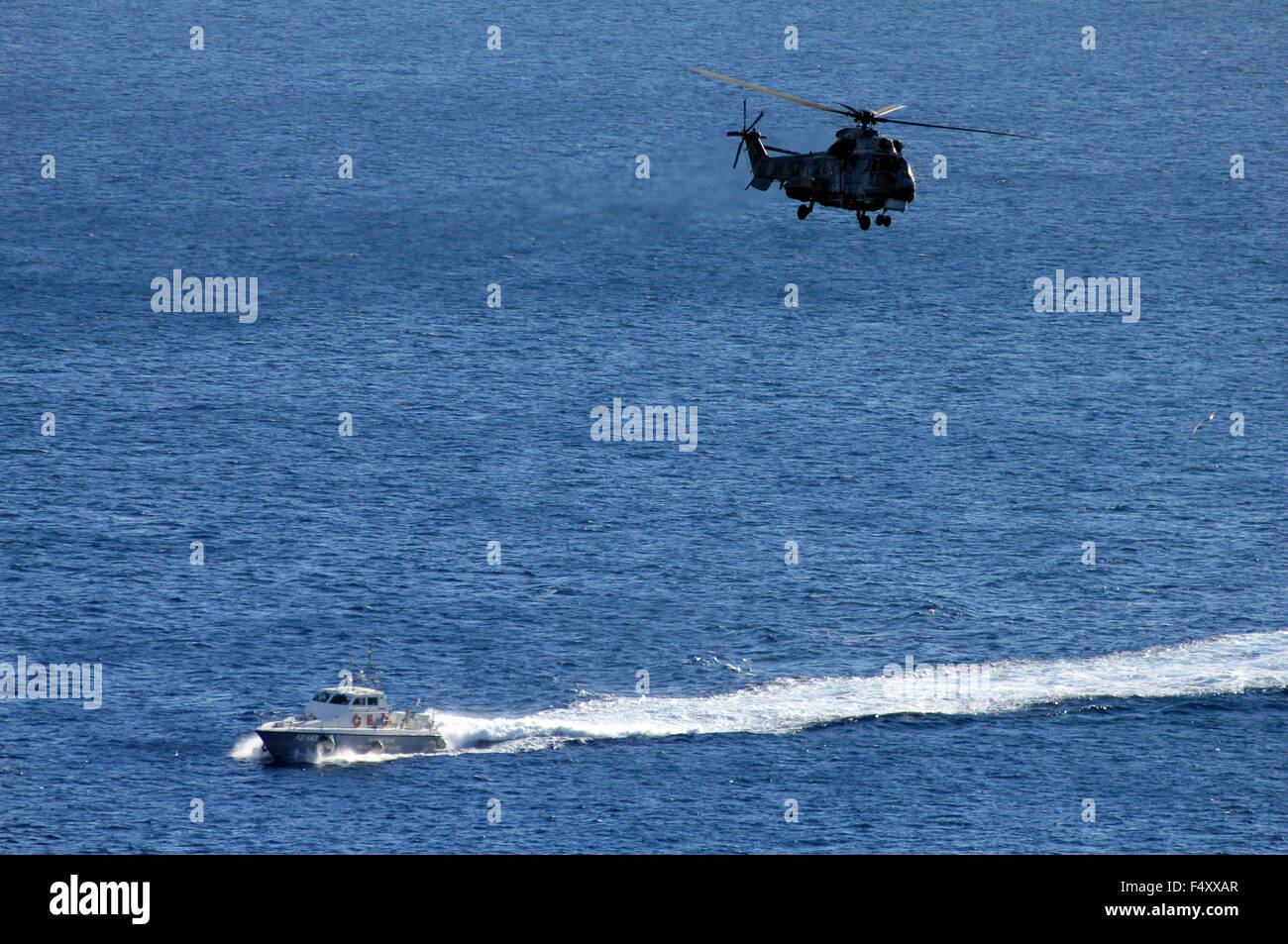 Joint operations of the Greek coastguard and the Hellenic Airforce SAR, on manouvres of the island of Limnos. Stock Photo
