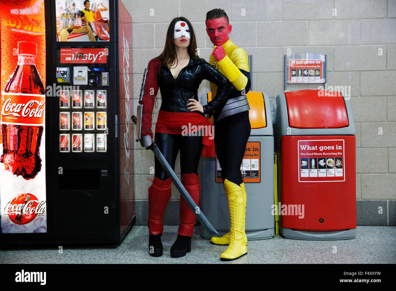 London, UK. 23rd Oct, 2015. Jack Cox and Susi Ranson pose as Sinestro and Katana from DC comics, during the 28th MCM London Comic Con at ExCeL in east London UK Friday October 23, 2015. Credit:  Luke MacGregor/Alamy Live News Stock Photo