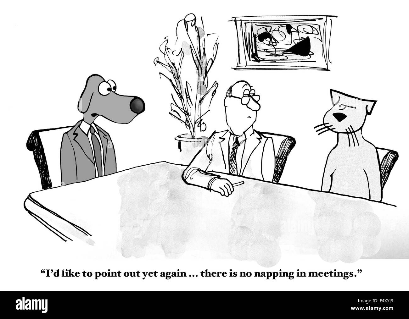 Business cartoon showing dog saying to cat, 'I'd like to point out yet again... there is no napping in meetings'. Stock Photo