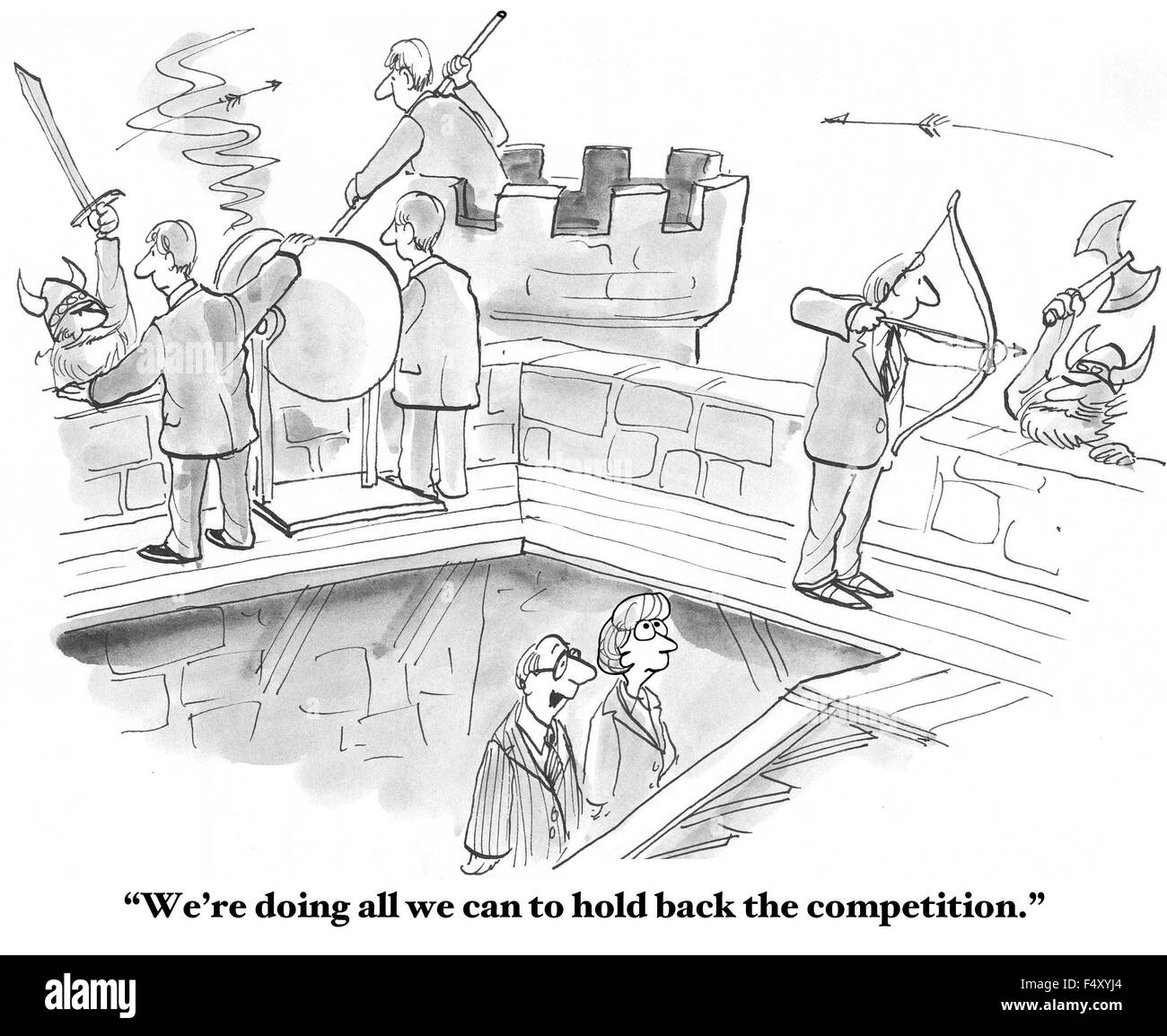Business cartoon showing businessmen fighting warriors, 'We're doing all we can to hold back the competition'. Stock Photo
