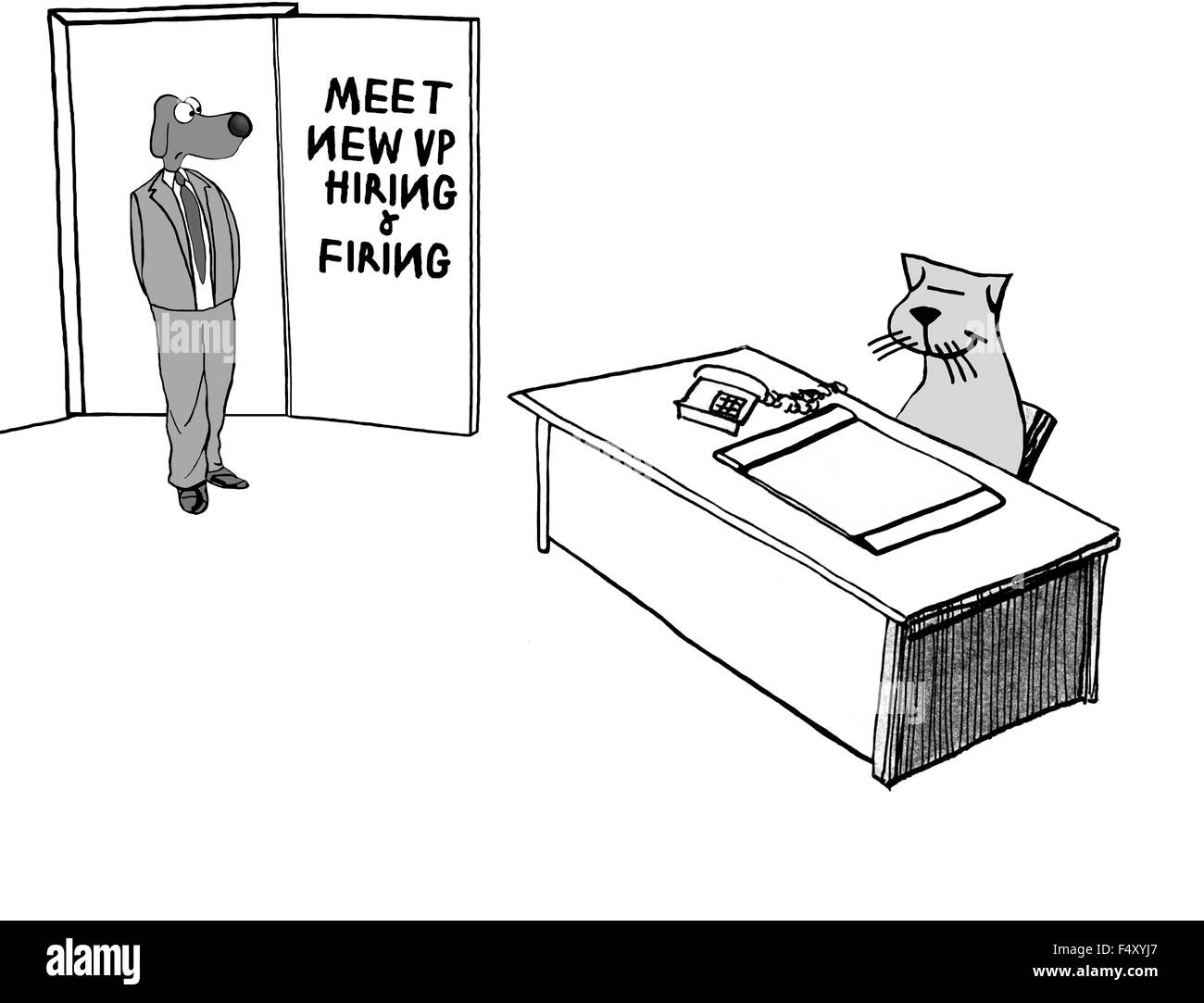 Business cartoon showing dog entering the office of new employee cat, 'Meet New VP Hiring & Firing'. Stock Photo