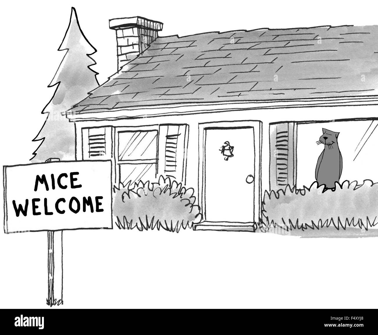 Cartoon showing a cat in the house and a 'Mice Welcome' sign in his front yard. Stock Photo