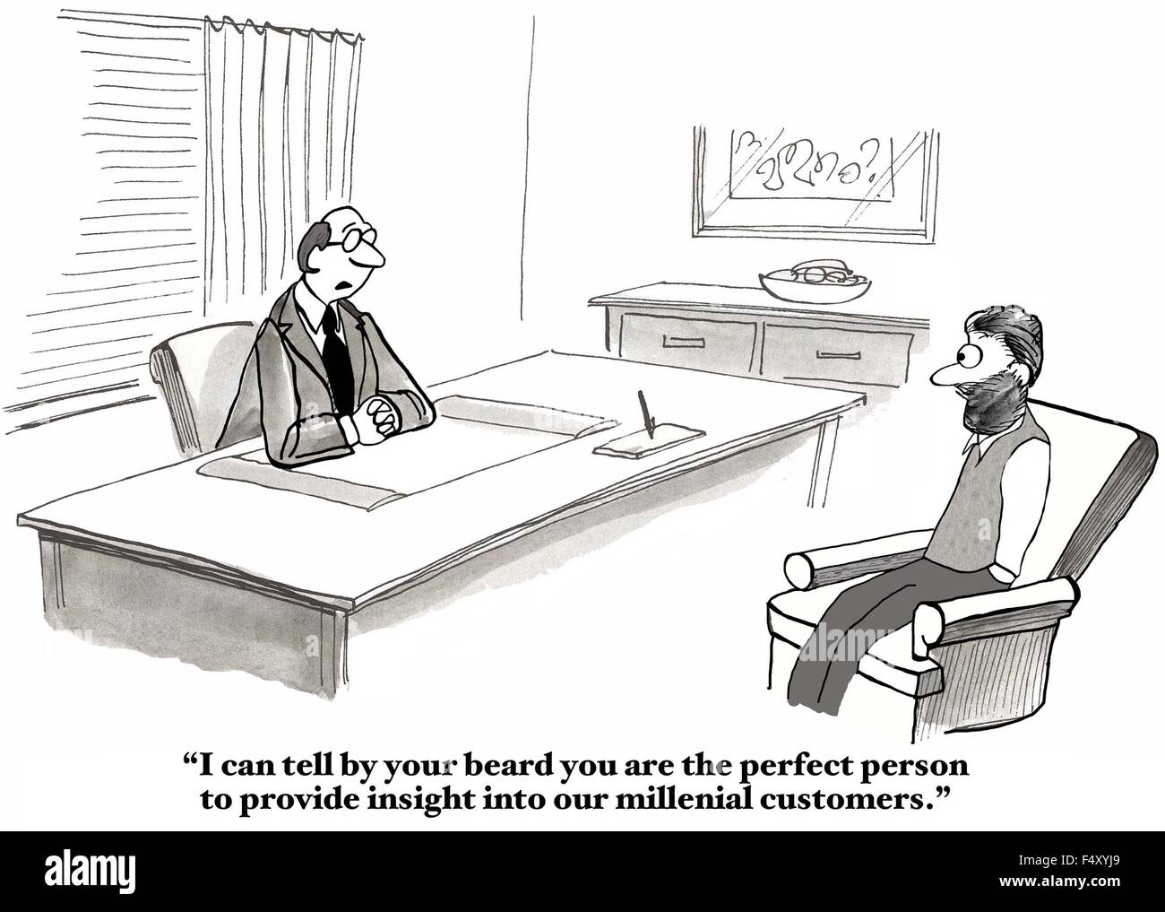 Business cartoon of man saying to consultant, 'I can tell by your beard... perfect person... insight... millennial customers'. Stock Photo