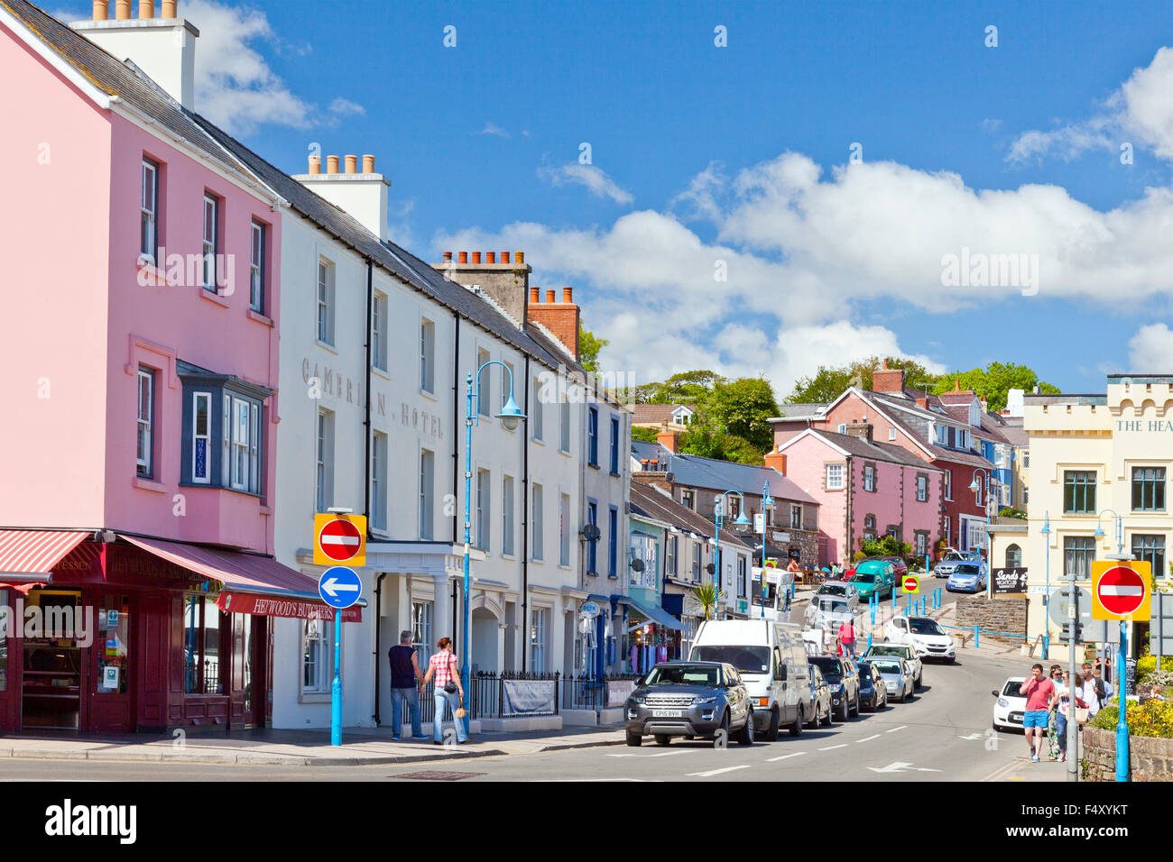 Brightly coloured historic buildings in Cambrian Place in the centre of