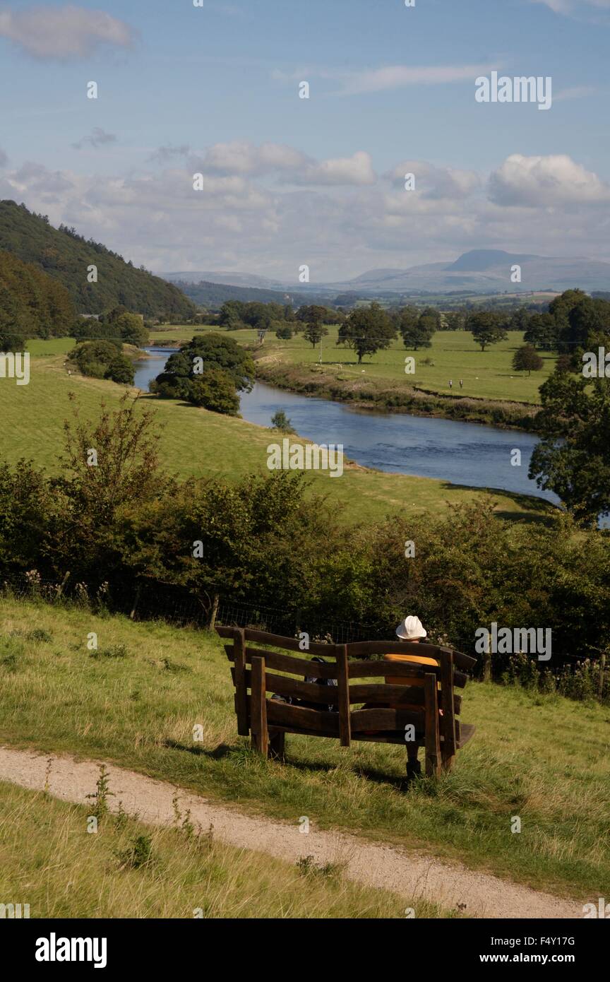 River Lune, from Hermitage Field, near Crook O Lune, Lancashire  Yorkshire Dales in distance Stock Photo