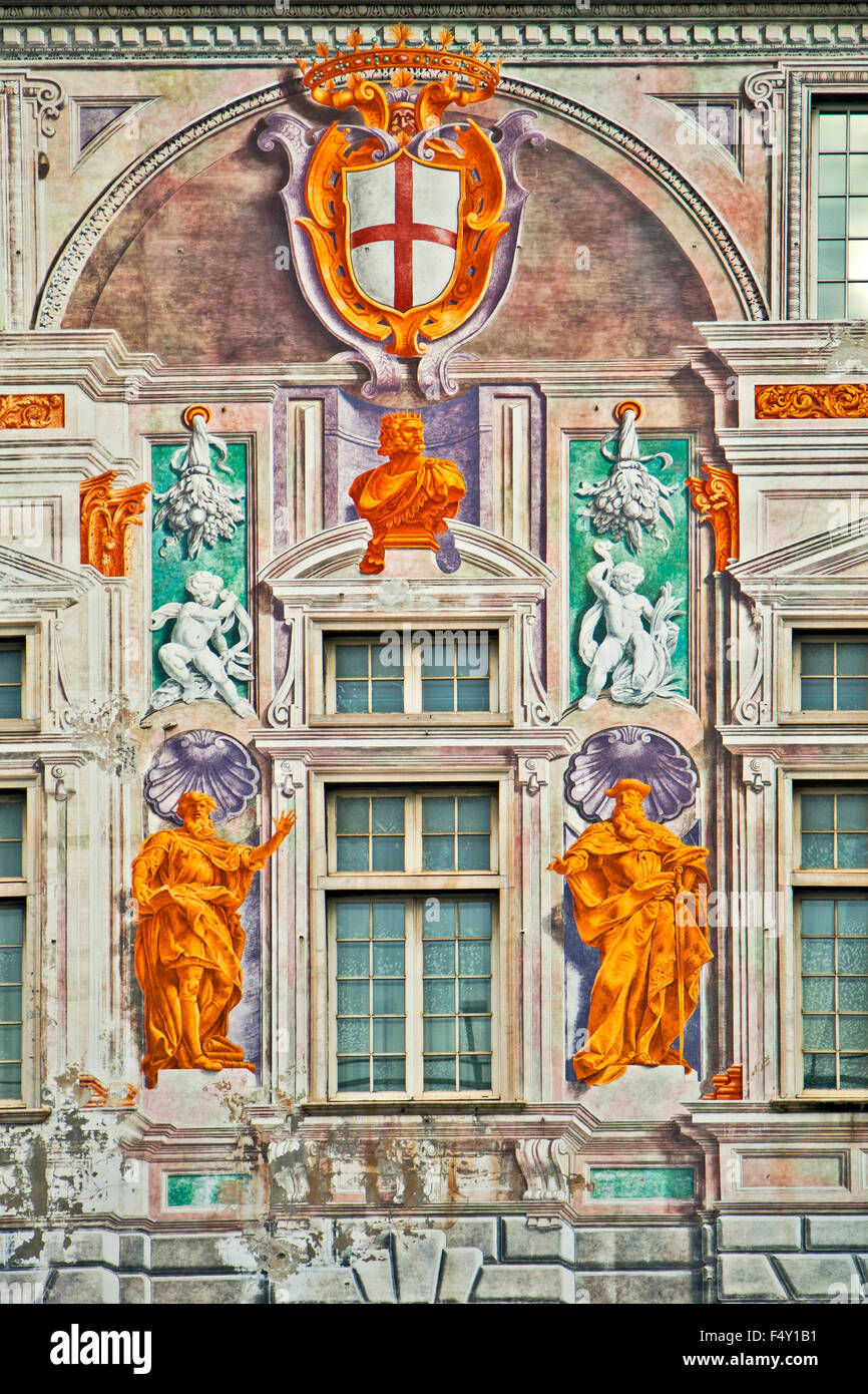 Beautiful example of trompe l'oeil on the facade of St. George Palace in  Genoa, Italy in front of Ancient Harbor Stock Photo - Alamy