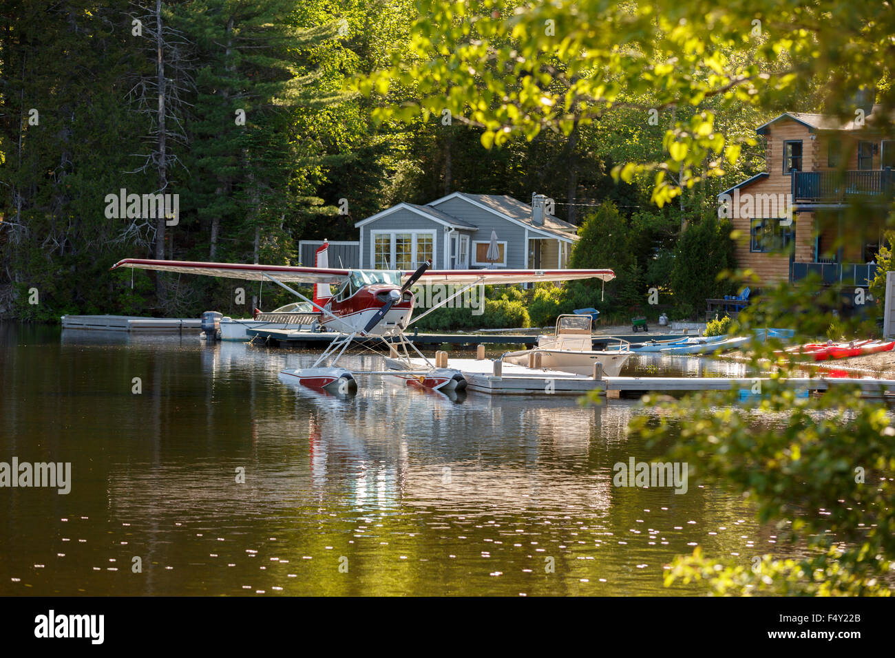 Cessna Skywagon 180 float plane moored against small wooden dock outside some houses. Overhanging sunlit foliage Stock Photo