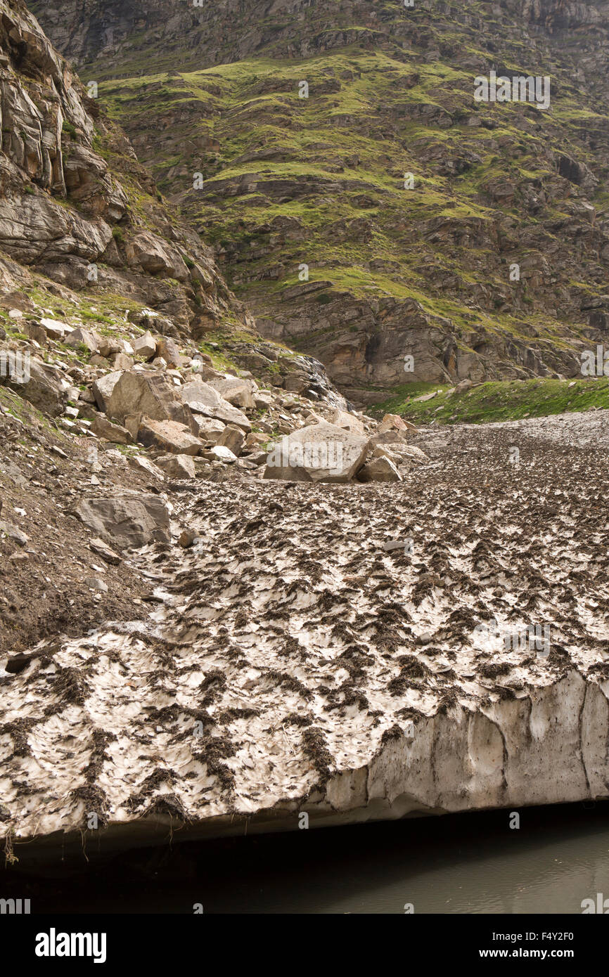 India, Himachal Pradesh, Lahaul Valley, Sissu, water flowing under previous year’s snowdrift Stock Photo