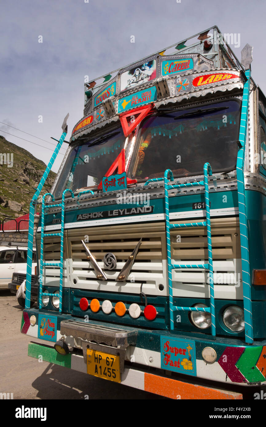 India, Himachal Pradesh, Lahaul Valley, Khoksar, decorated Ashok Leyland truck at police check point on Leh-Manali highway Stock Photo