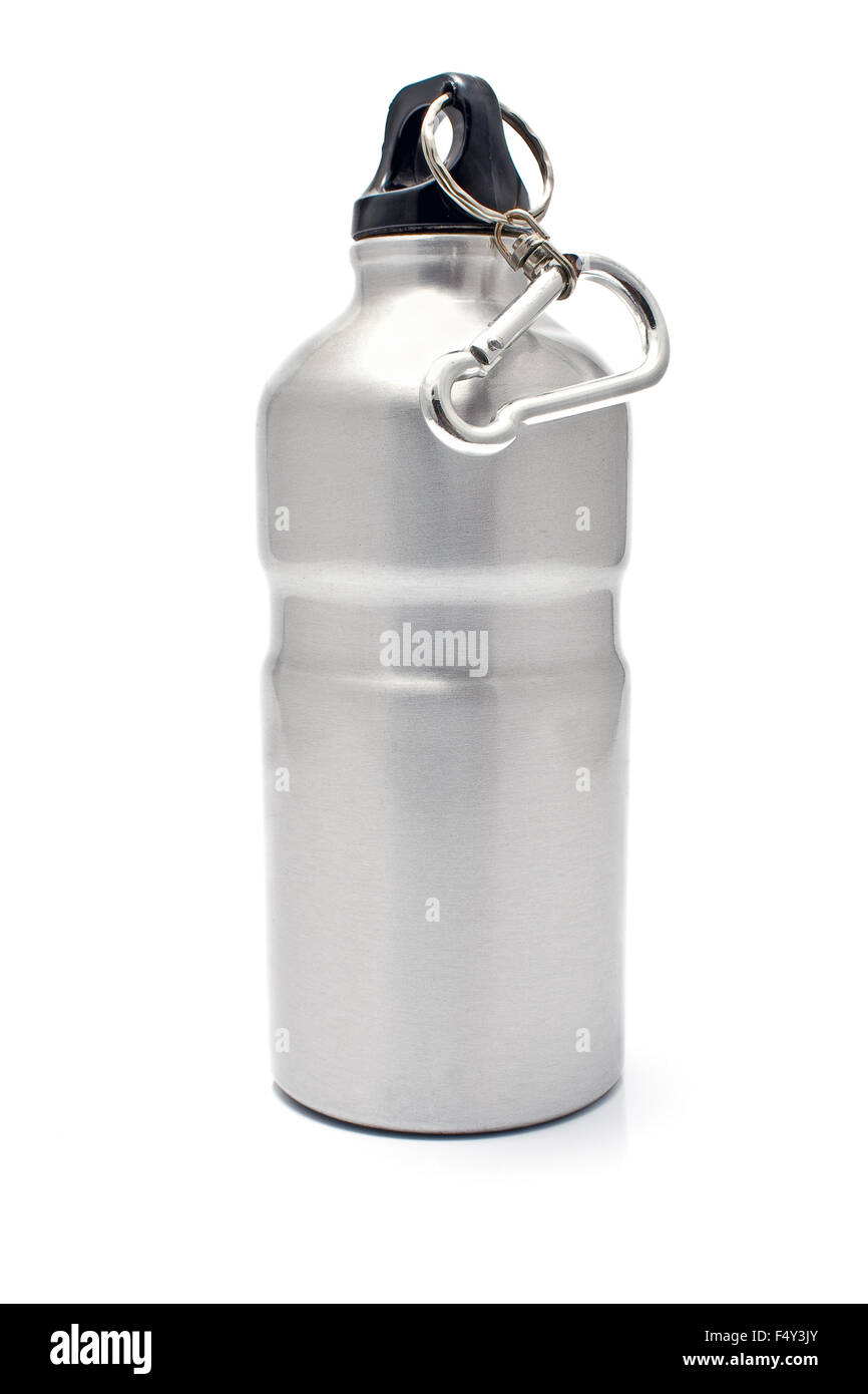 Grey aluminum water flask isolated on  white Stock Photo