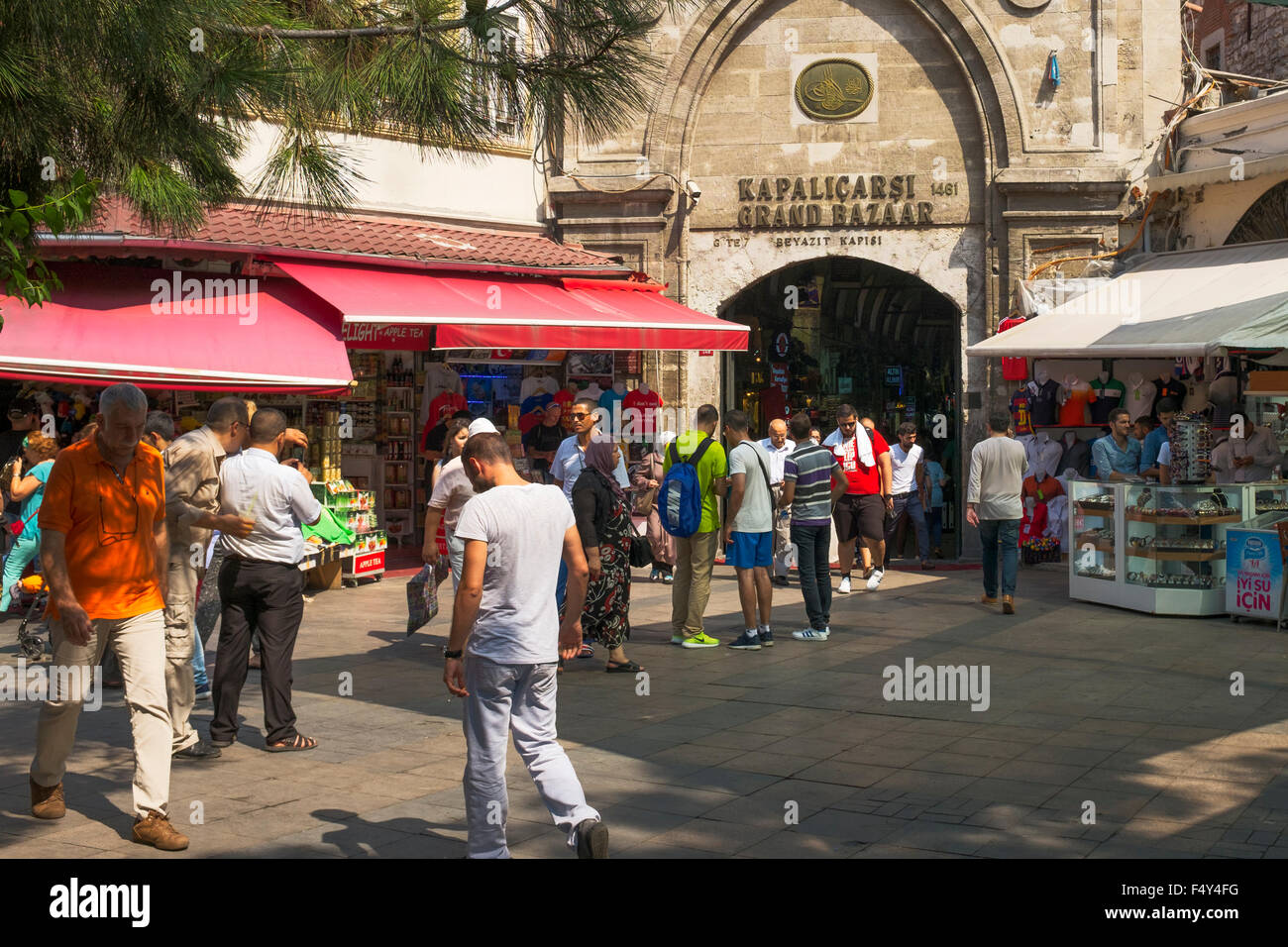 Shops and gathering area outside the entrance to Istanbul Turkey's Grand Bazaar. Stock Photo