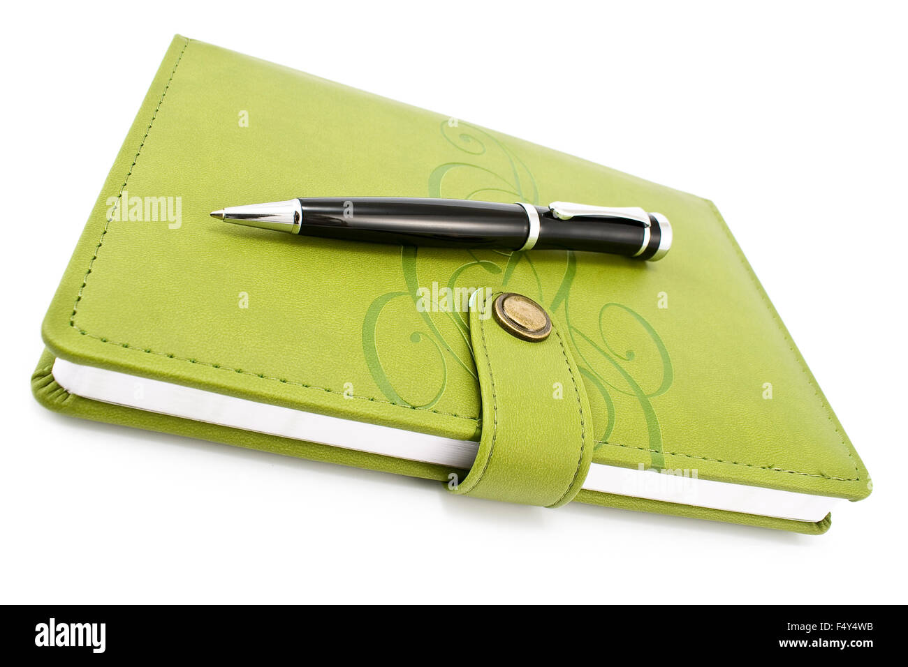 Pen and green notebook isolated on white Stock Photo