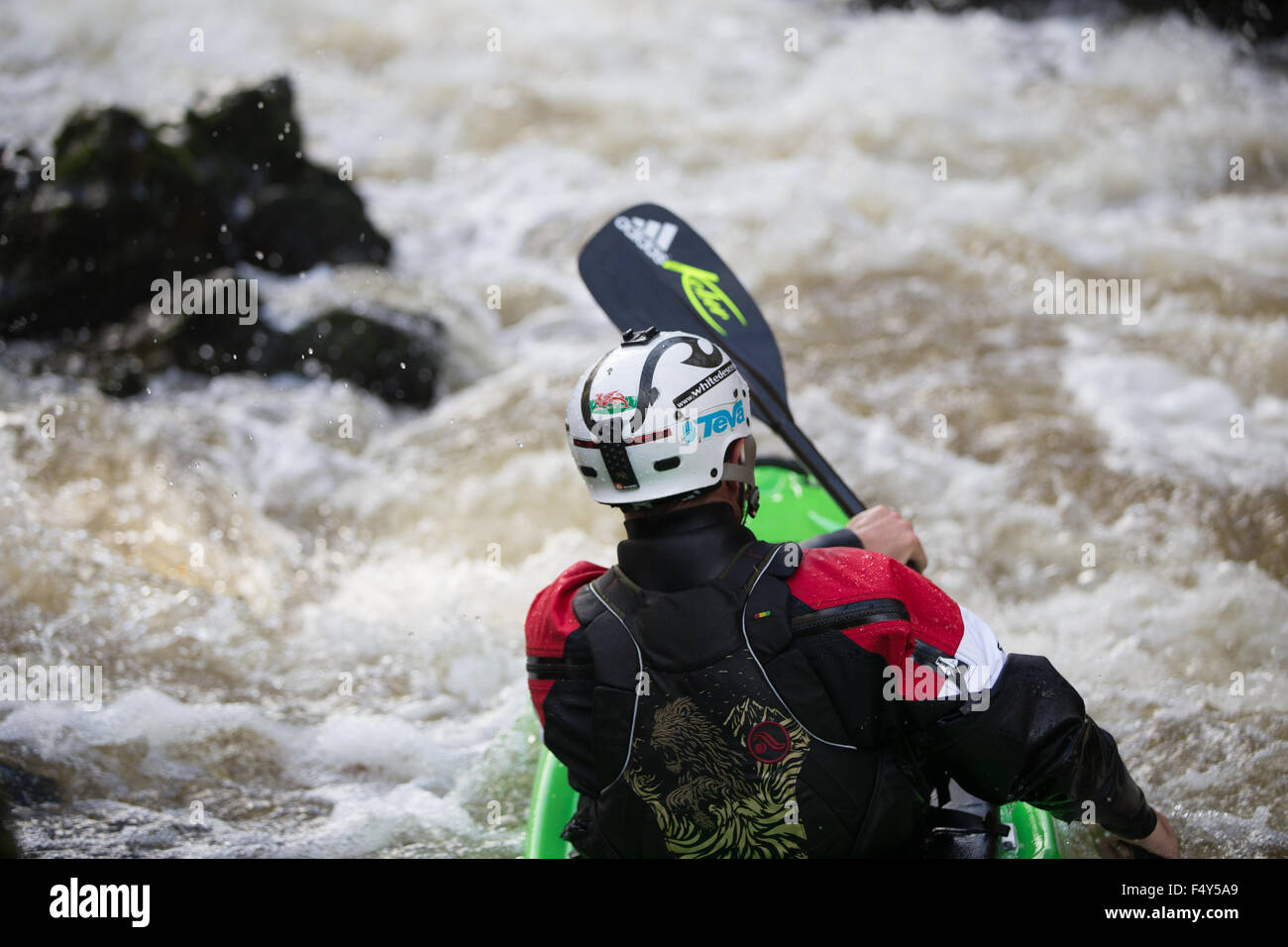 Henllan, Ceredigion, Wales, UK. 24th Oct, 2015. The annual Teifi Tour takes place this weekend. Kayakers, mainly from College and University kayaking clubs take to the River Teifi, from Llandysul to Poppit Sands, to enjoy a weekend of high adrenaline adventure. Pictured are kayakers negotiating the falls at Henllan Bridge. Credit:  atgof.co/Alamy Live News Stock Photo