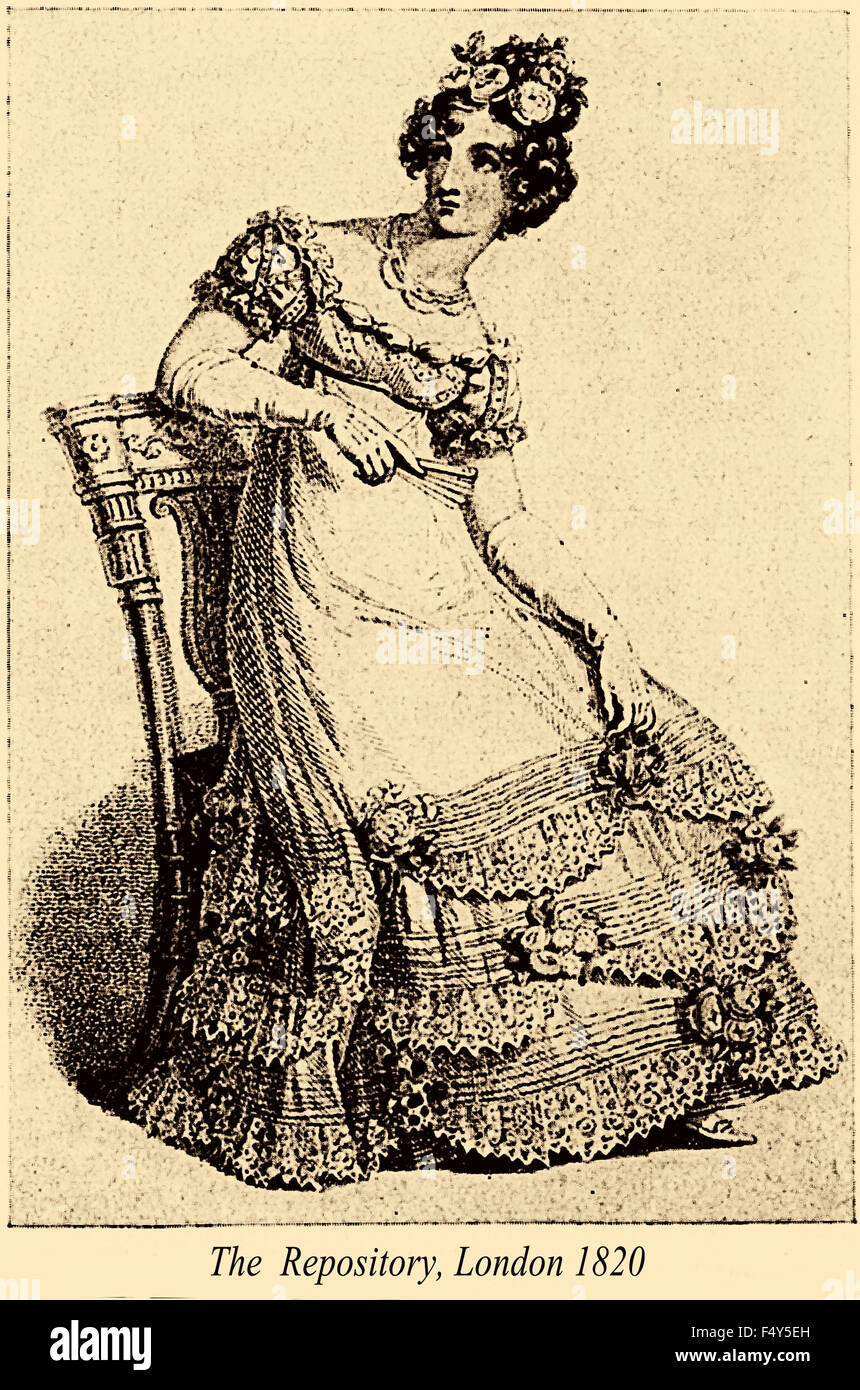 Vintage drawing,  lady with hair roses decoration sitting, The Repository London 1820 Stock Photo