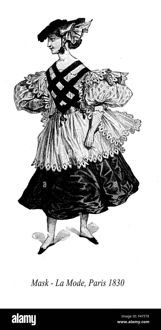 Vintage fashion illustrated, masquerade costume,La mode, Paris 1830 Stock Photo