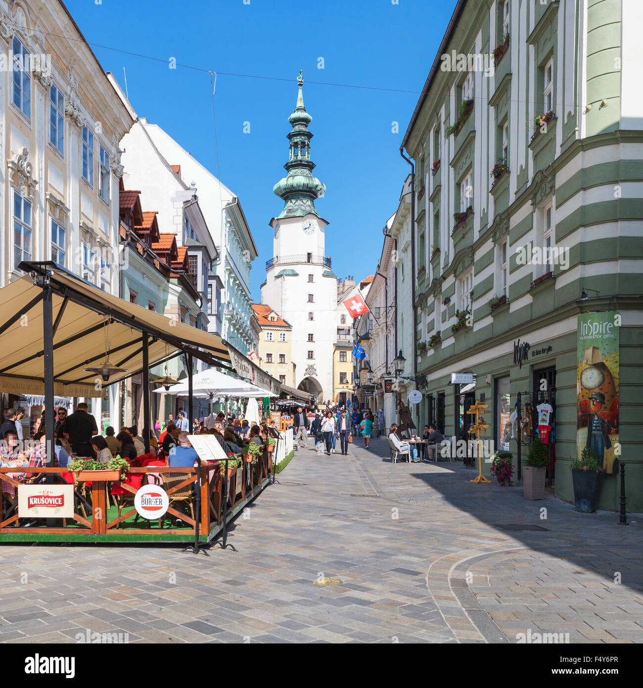 BRATISLAVA, SLOVAKIA - SEPTEMBER 23, 2015: people in restaurants on Michalska street in Bratislava. In Middle Ages this street w Stock Photo