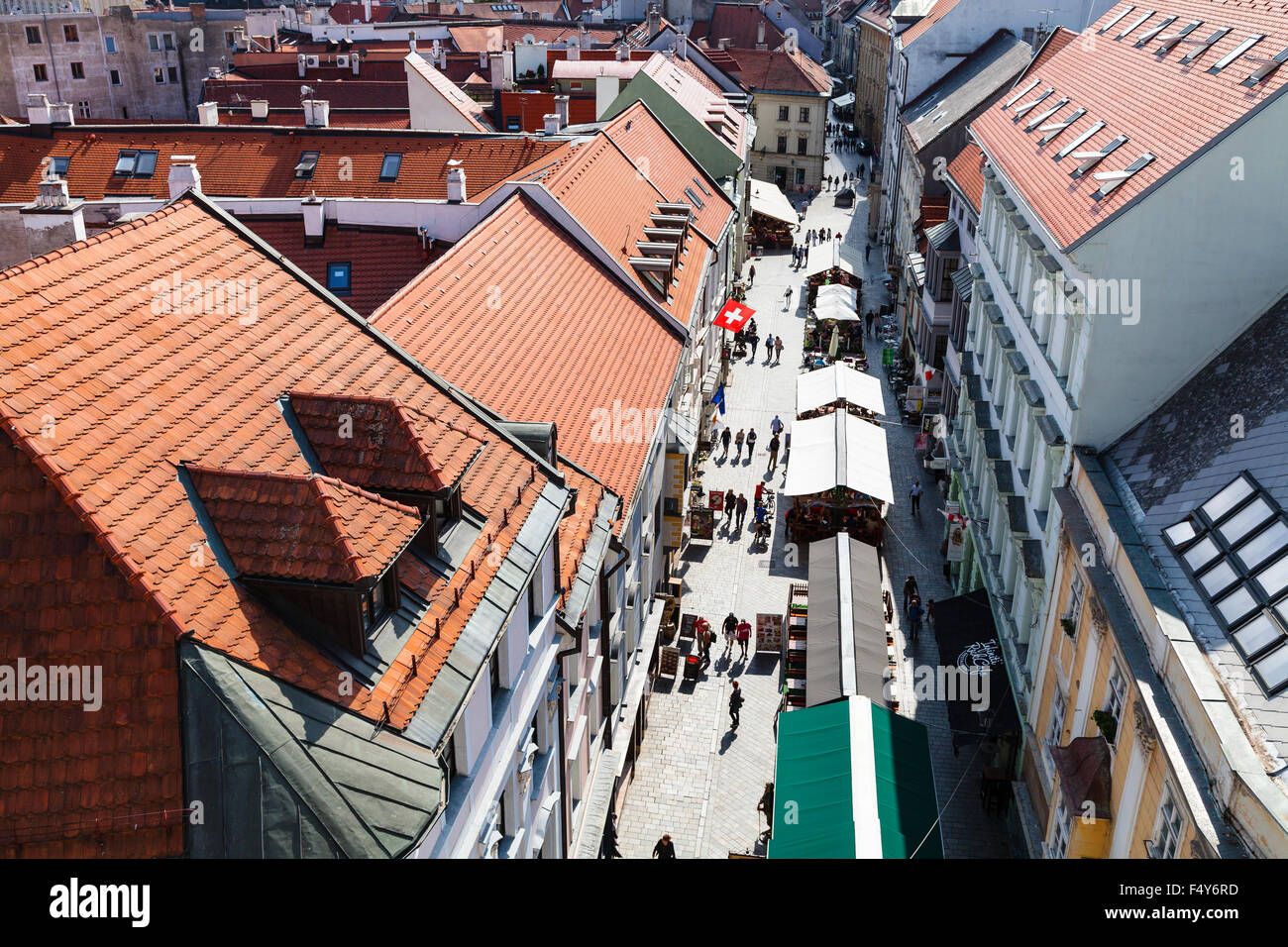 BRATISLAVA, SLOVAKIA - SEPTEMBER 23, 2015: above view of Michalska street with restaurants and tourists in Bratislava. In Middle Stock Photo