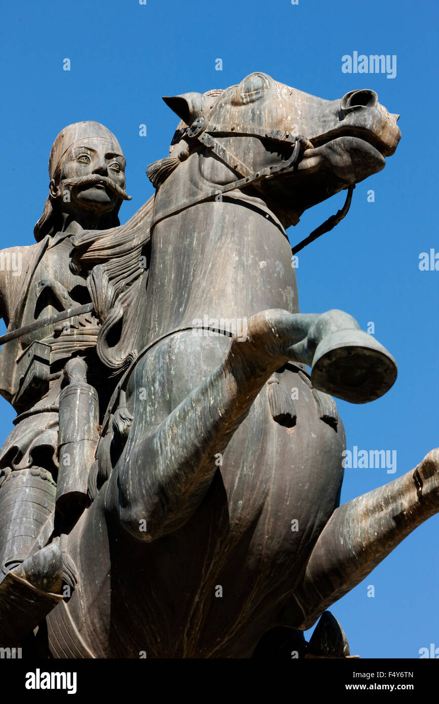 Front view closeup of Greek General army commander Georgios Karaiskakis riding his horse scuplture in Athens, Greece Stock Photo