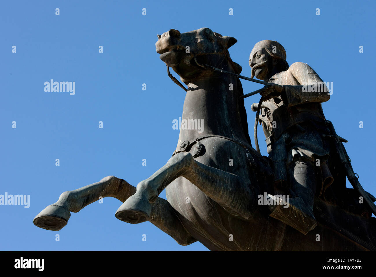 Closeup of Greek General army commander Georgios Karaiskakis riding his horse scuplture  in Athens, opposite Panathinaic stadium Stock Photo